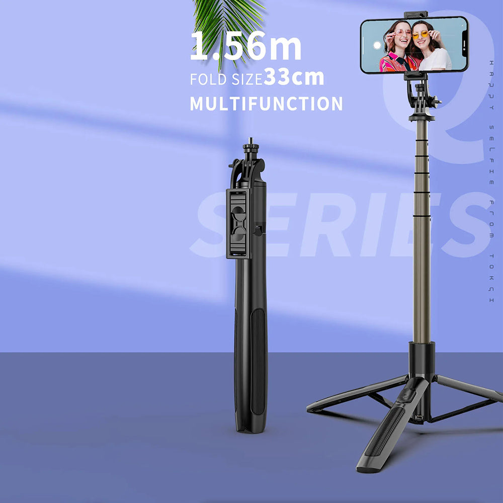 Techsuit - Selfie Stick (Q06) - Stable Tripod with Bluetooth Remote Control, Aluminium Alloy, 360 Rotation, 156cm - Black