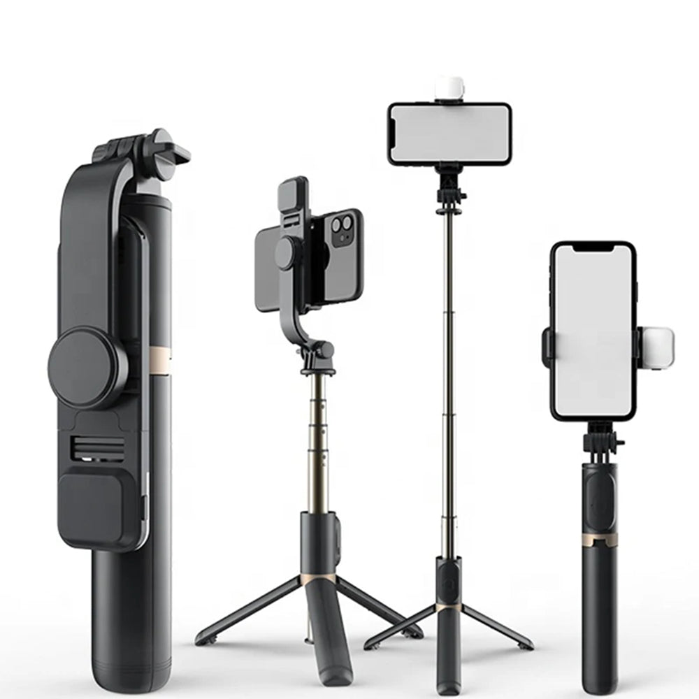 Techsuit - Selfie Stick (Q03s) - Stable Tripod with Bluetooth Remote Control and Fill Light, Aluminium Alloy, 76cm - Black