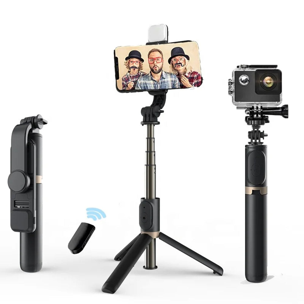 Techsuit - Selfie Stick (Q03s) - Stable Tripod with Bluetooth Remote Control and Fill Light, Aluminium Alloy, 76cm - Black