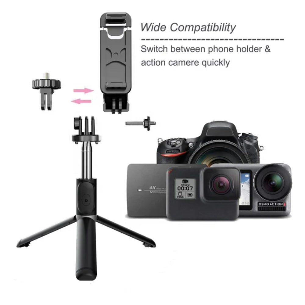 Techsuit - Selfie Stick (Q02) - Foldable Tripod with Bluetooth Remote Control, 360 Rotation, Stainless Steel, 103cm - Black