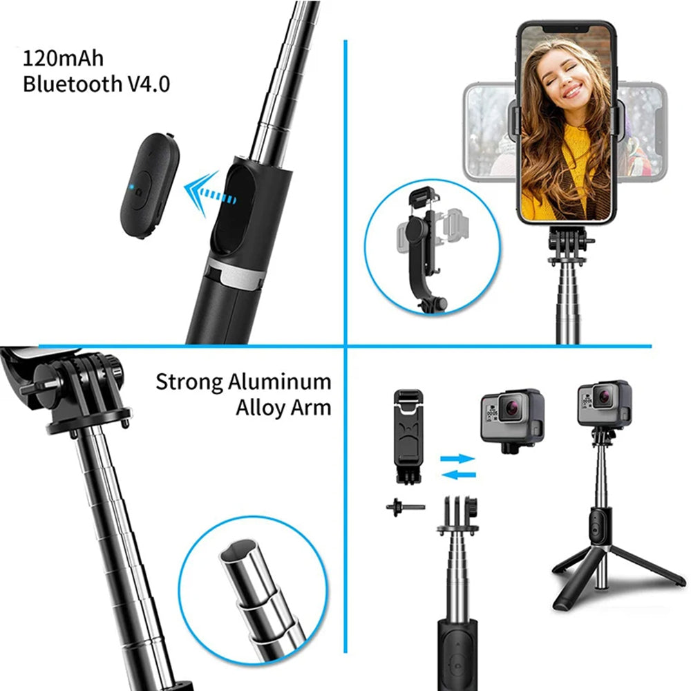 Techsuit - Selfie Stick (Q02) - Foldable Tripod with Bluetooth Remote Control, 360 Rotation, Stainless Steel, 103cm - Black
