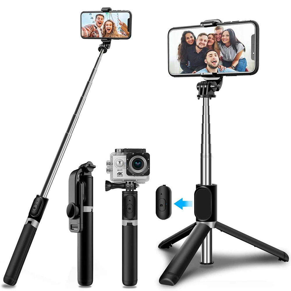 Techsuit - Selfie Stick (Q02) - Foldable Tripod with Bluetooth Remote Control, 360 Rotation, Stainless Steel, 103cm - Black