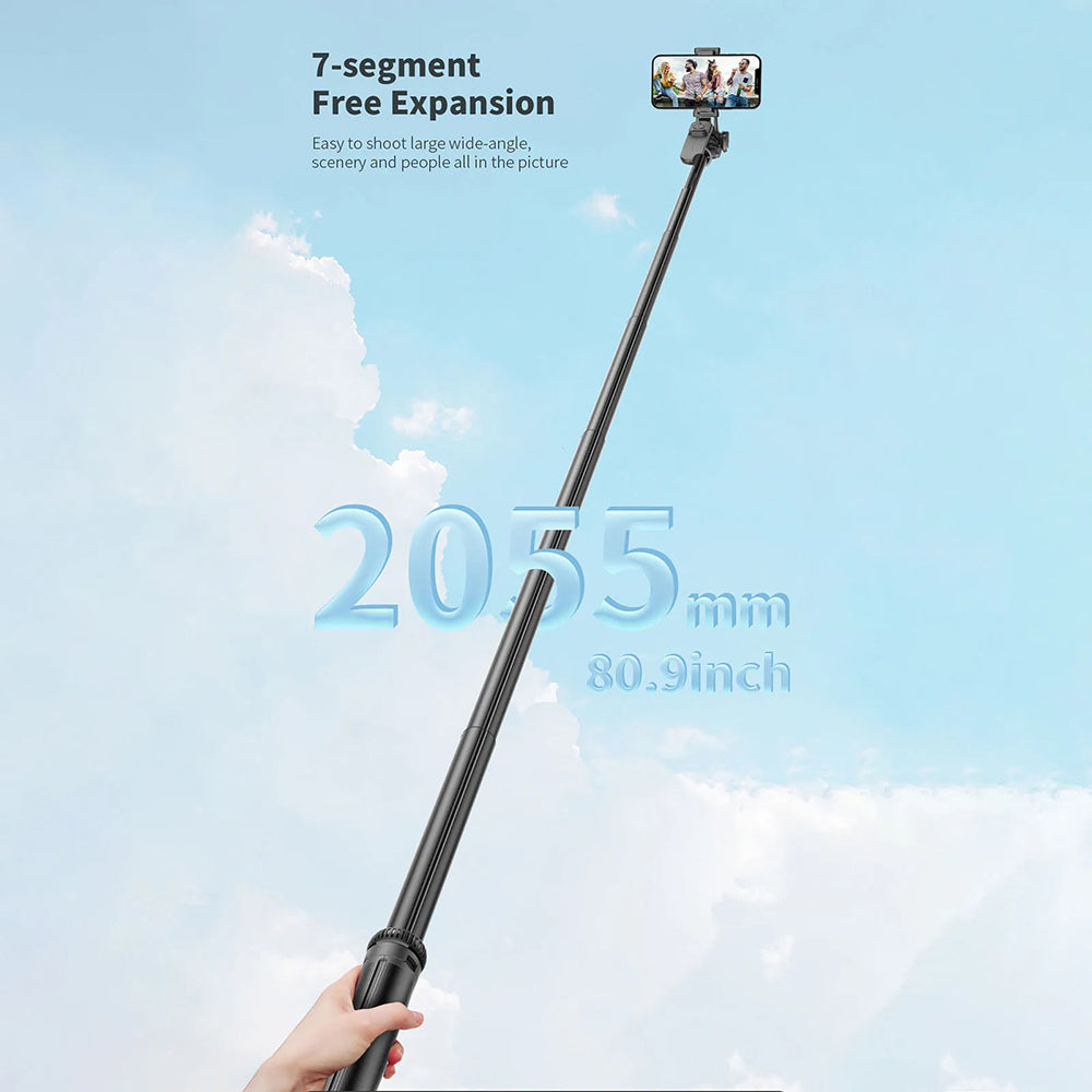 Techsuit - Selfie Stick (C05) - Large Ajustable Tripod with Bluetooth Remote Control, 360, Aluminium Alloy, 205cm - Black