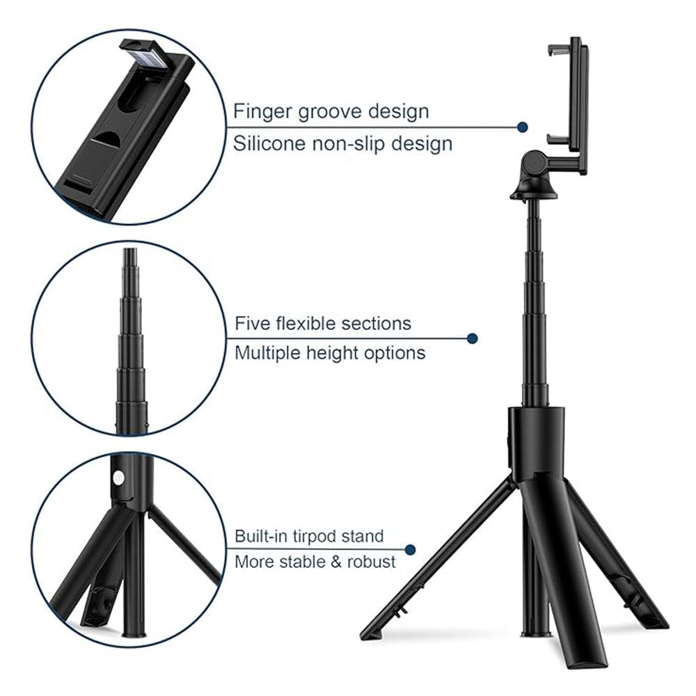 Techsuit - Selfie Stick (K22) - Compact Tripod Mount with Bluetooth Remote Control, Foldable, 97cm - Black