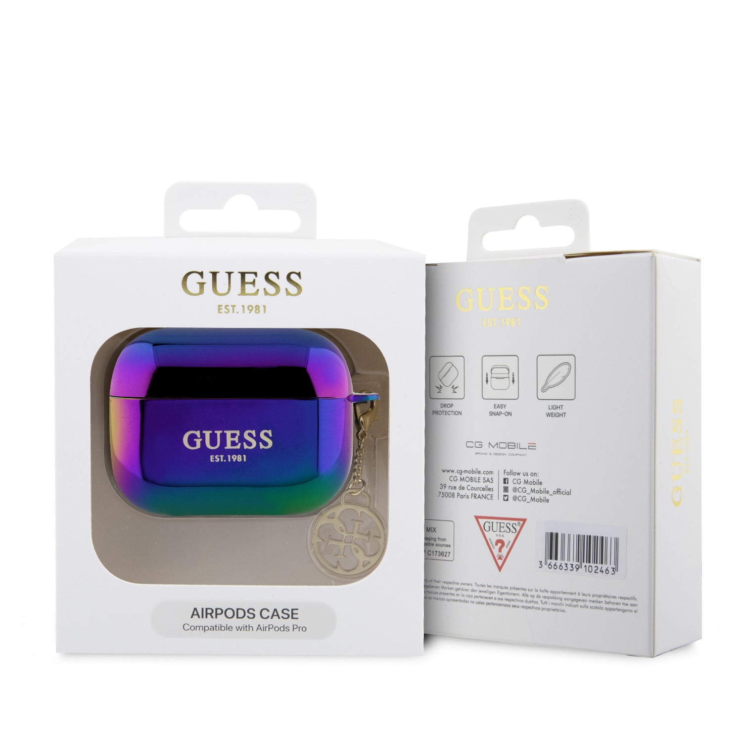 Guess "4G Charm" Collection Θήκη προστασίας από ιριδίζουσα σιλικόνη για Apple Airpods Pro με κρεμαστό στολίδι (Iridescent Black – GUAPHPLIGEK)