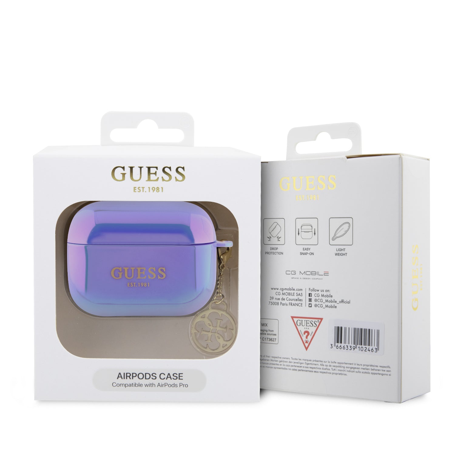 Guess "4G Logo Collection" Charm Θήκη προστασίας απο Σιλικόνη για Apple Airpods Pro με χρυσό κρεμαστό στολίδι (Iridescent Purple)