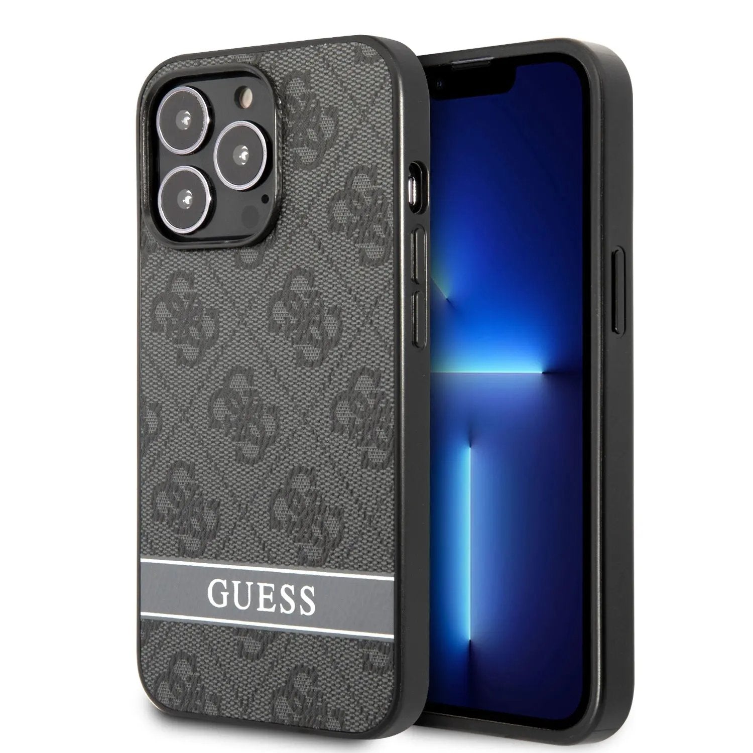 Guess "4G Logo Collection" Printed Stripe Θήκη προστασίας από δερματίνη – iPhone 13 Pro (Γκρι/Μαύρη) – PhoneBazaar