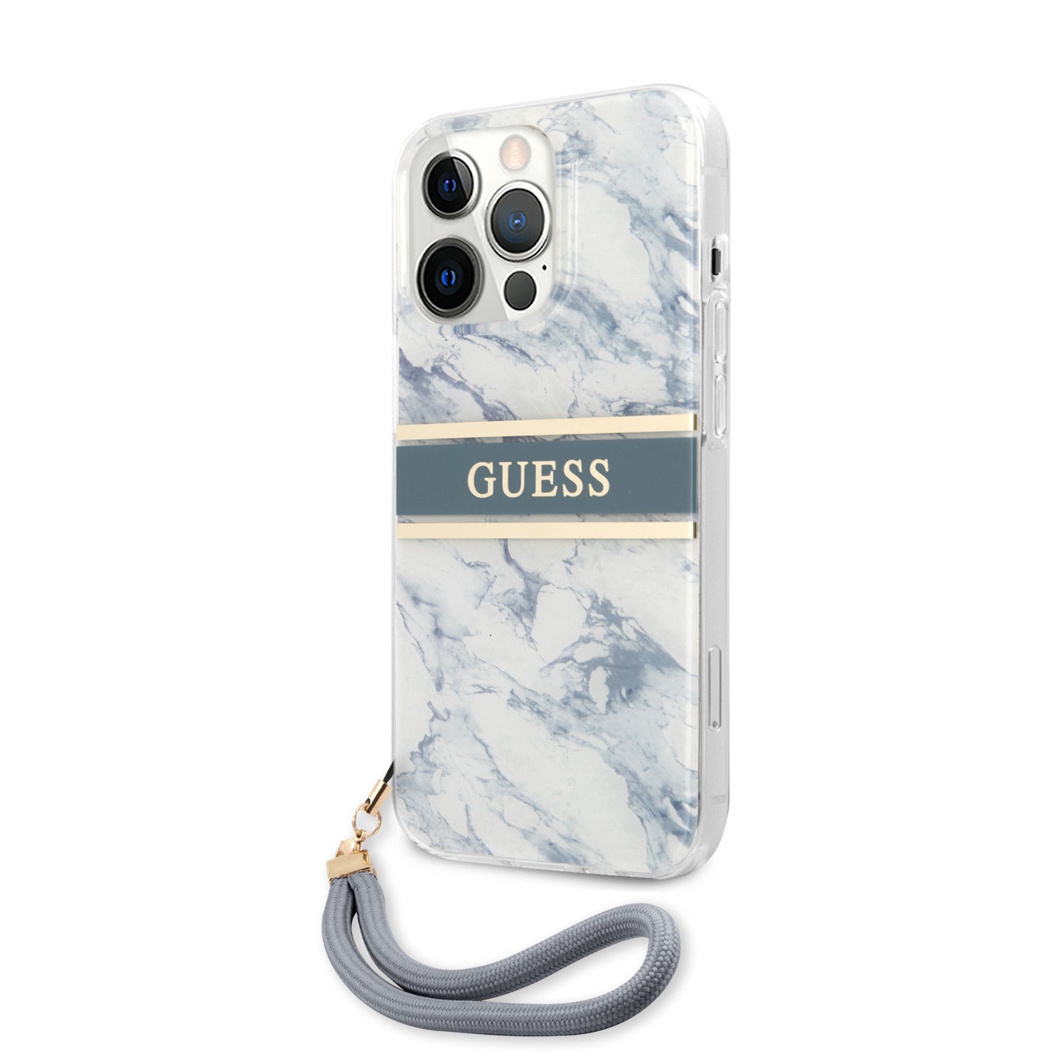 Guess "Marble Collection" Printed Stripe Θήκη προστασίας με όψη μαρμάρου και κορδονάκι χειρός – iPhone 13 Pro Max (Μπλε/Λευκό)