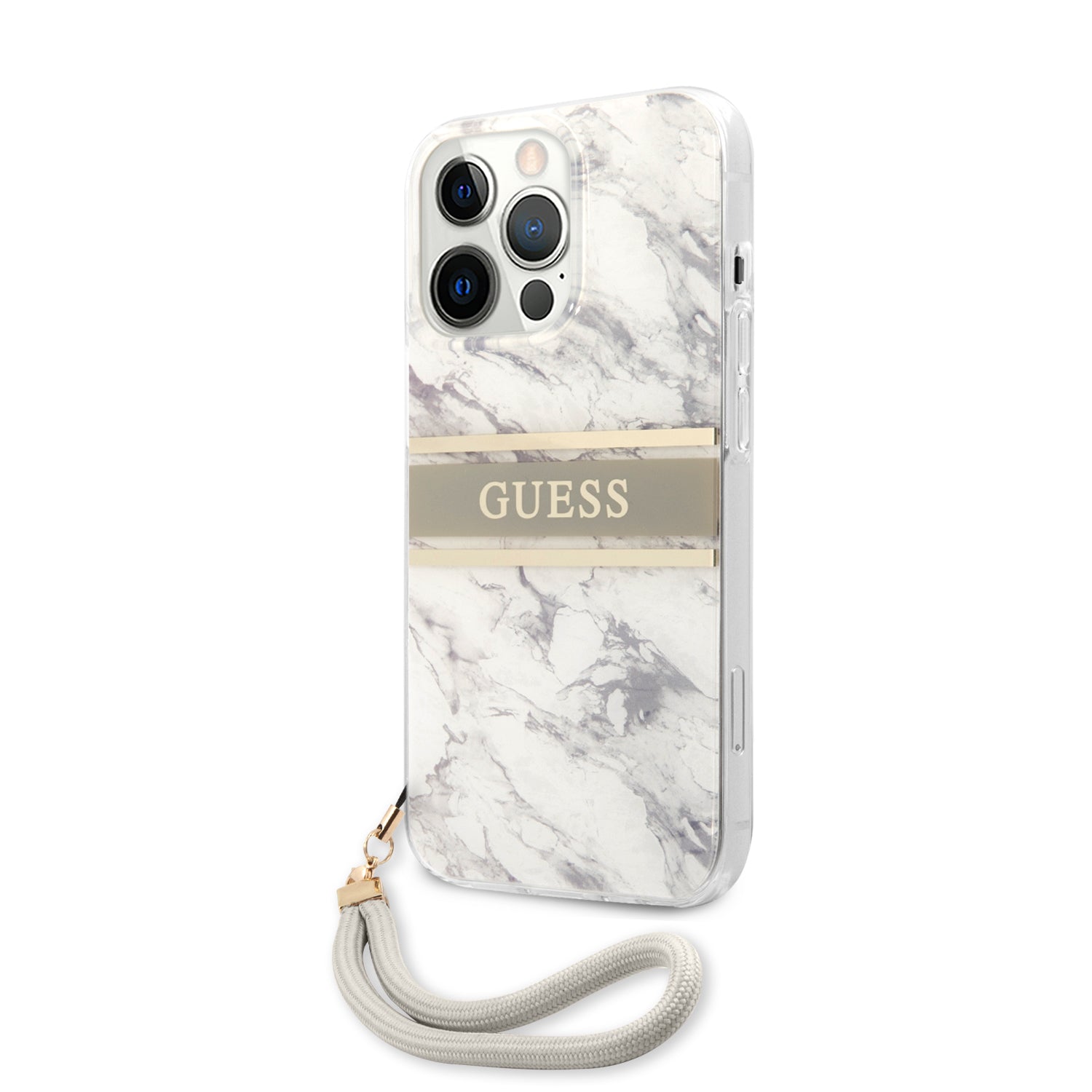 Guess "Marble Collection" Printed Stripe Θήκη προστασίας με όψη μαρμάρου και κορδονάκι χειρός – iPhone 13 Pro Max (Γκρι/Λευκό)