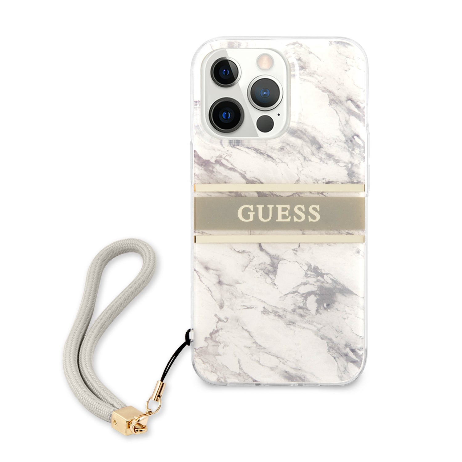 Guess "Marble Collection" Printed Stripe Θήκη προστασίας με όψη μαρμάρου και κορδονάκι χειρός – iPhone 13 Pro Max (Γκρι/Λευκό)