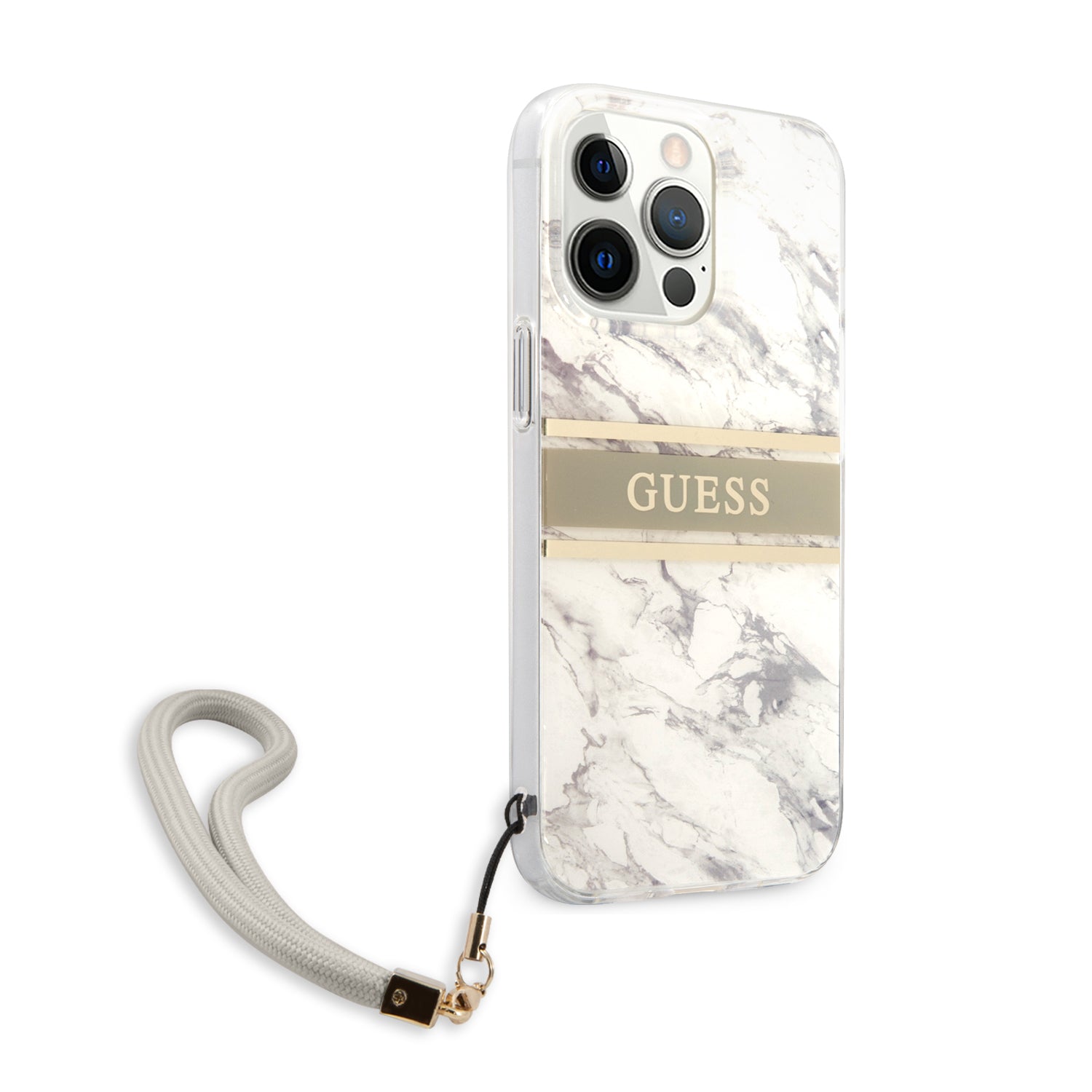Guess "Marble Collection" Printed Stripe Θήκη προστασίας με όψη μαρμάρου και κορδονάκι χειρός – iPhone 13 Pro Max (Γκρι/Λευκό)