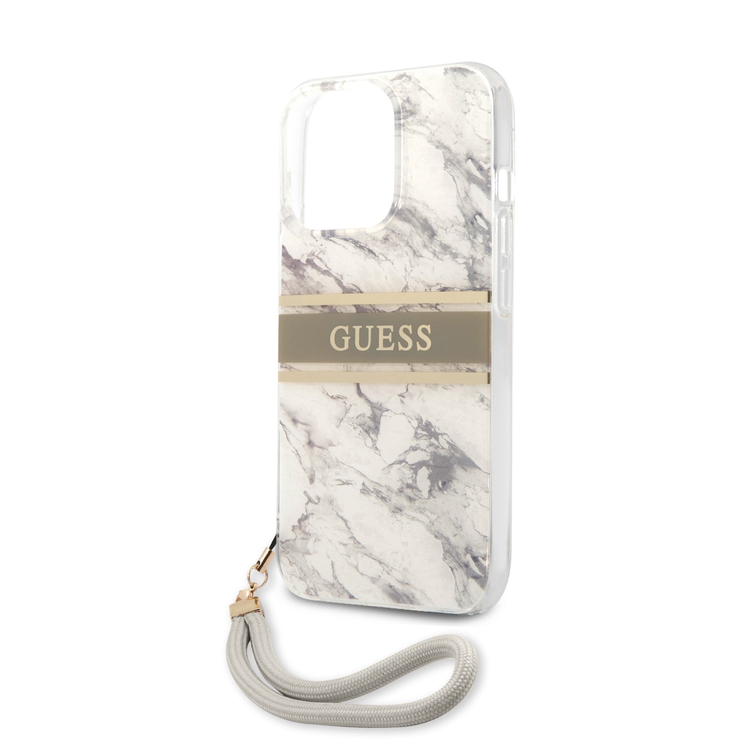 Guess "Marble Collection" Printed Stripe Θήκη προστασίας με όψη μαρμάρου και κορδονάκι χειρός – iPhone 13 Pro Max (Γκρι/Λευκό)