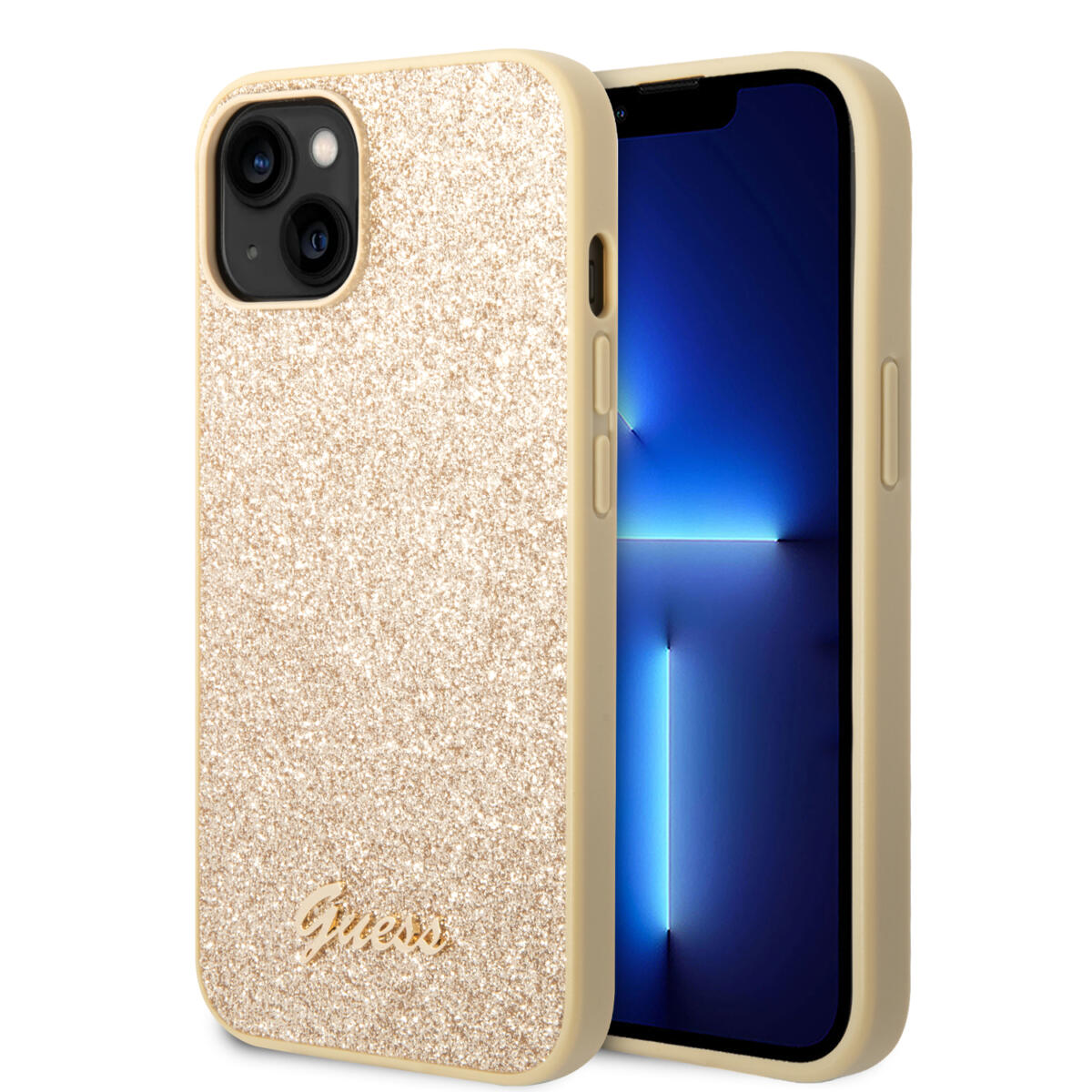 Guess Glitter Flakes Case With Ikonik Patch And Vintage Script Logo Θήκη Προστασίας Από Σιλικόνη – Iphone 14 Plus (Glitter Gold) – Θήκη για κινητό από το PhoneBazaar.gr