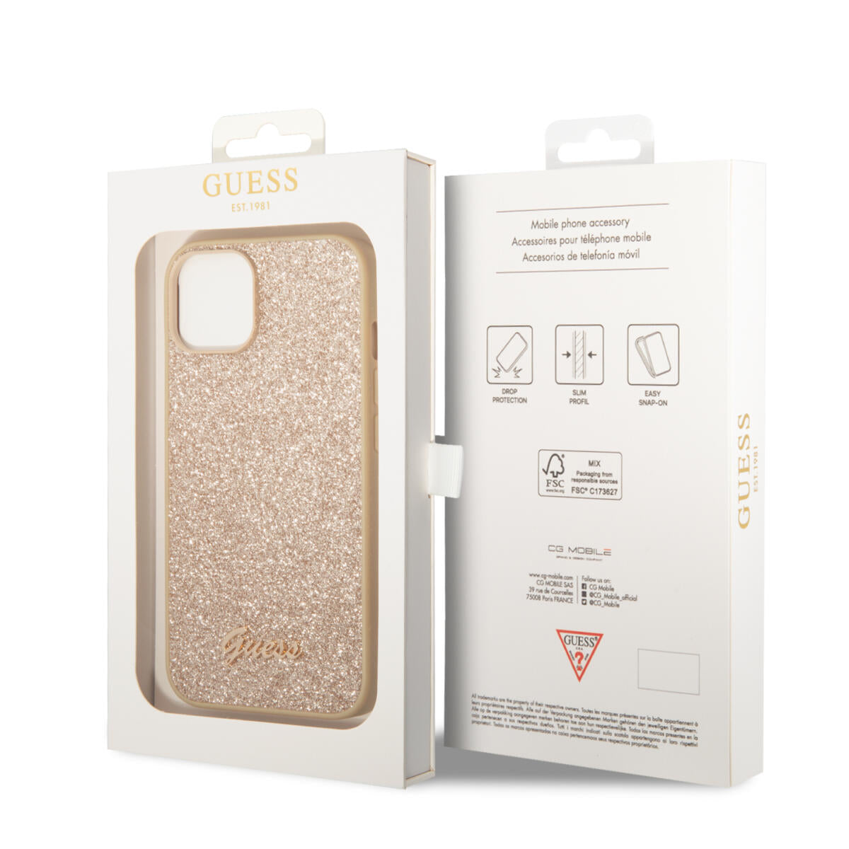 Guess Glitter Flakes Case with Ikonik Patch and Vintage Script Logo Θήκη προστασίας από σιλικόνη – iPhone 14 Plus (Glitter Gold)