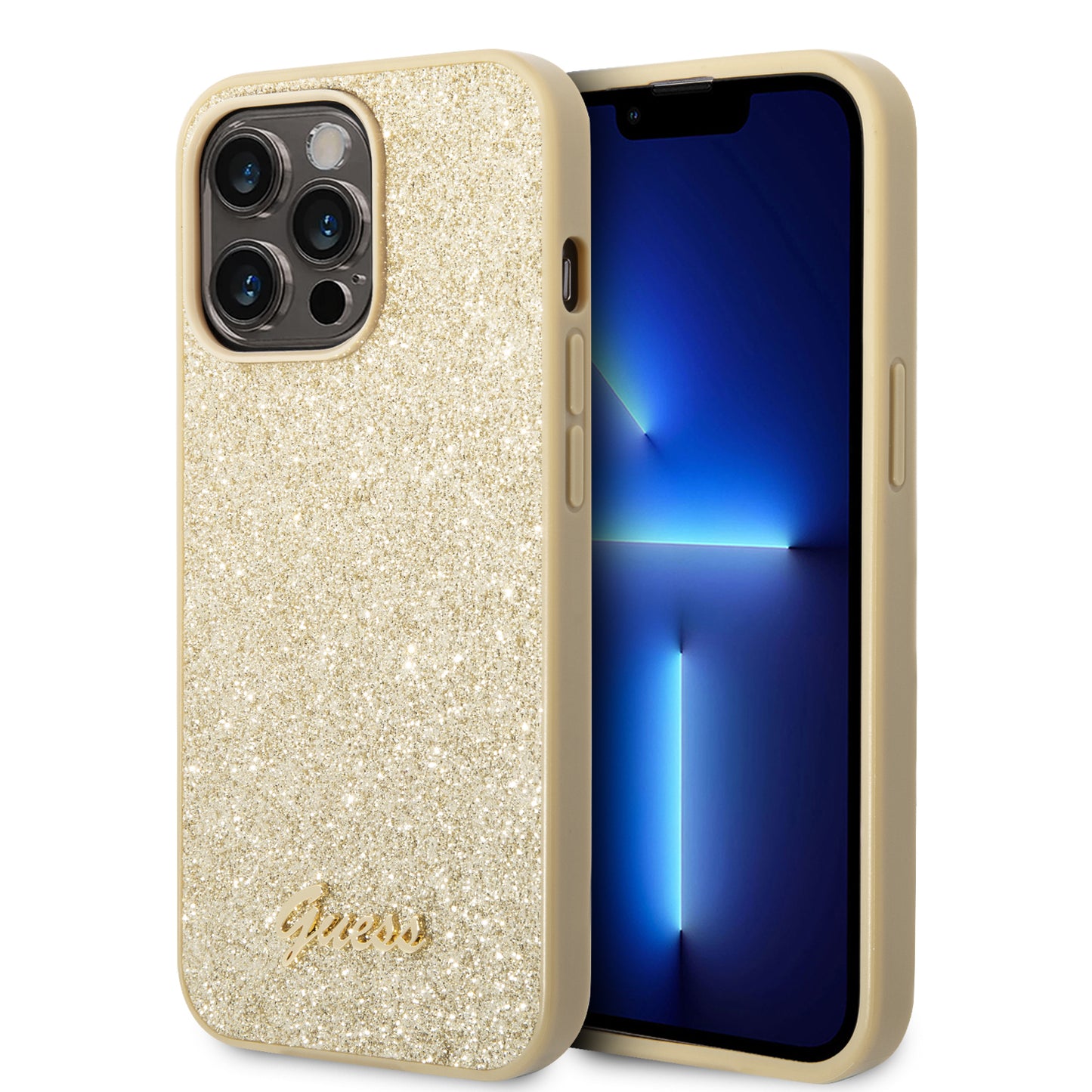 Guess Glitter Flakes Case With Ikonik Patch And Vintage Script Logo Θήκη Προστασίας Από Σιλικόνη – Iphone 14 Pro Max (Glitter Gold) – Θήκη για κινητό από το PhoneBazaar.gr