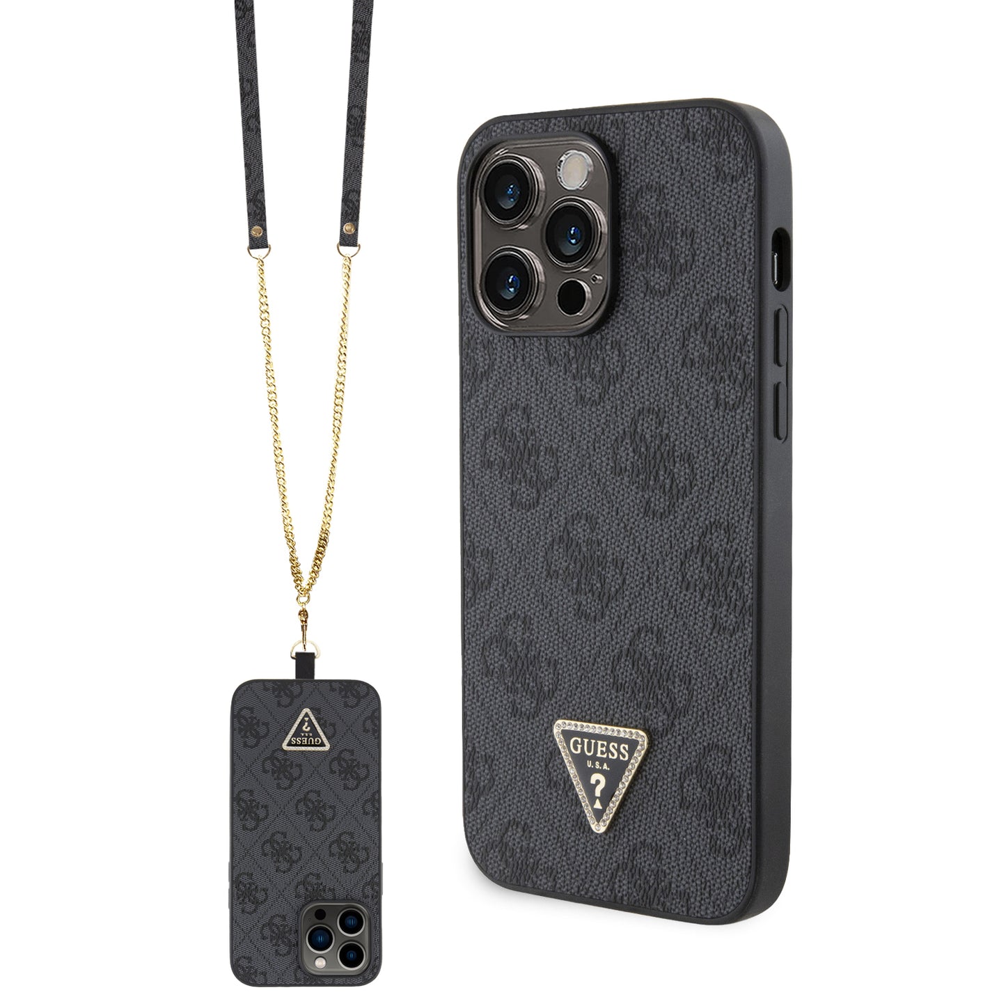 Guess “Triangle Metal Logo Strass Collection” Crossbody Case Θήκη Προστασίας Από Δερματίνη Με Λουράκι – Iphone 14 Pro Max (Μαύρο – Guhcp14Xp4Tdscpk) – Θήκη για κινητό από το PhoneBazaar.gr