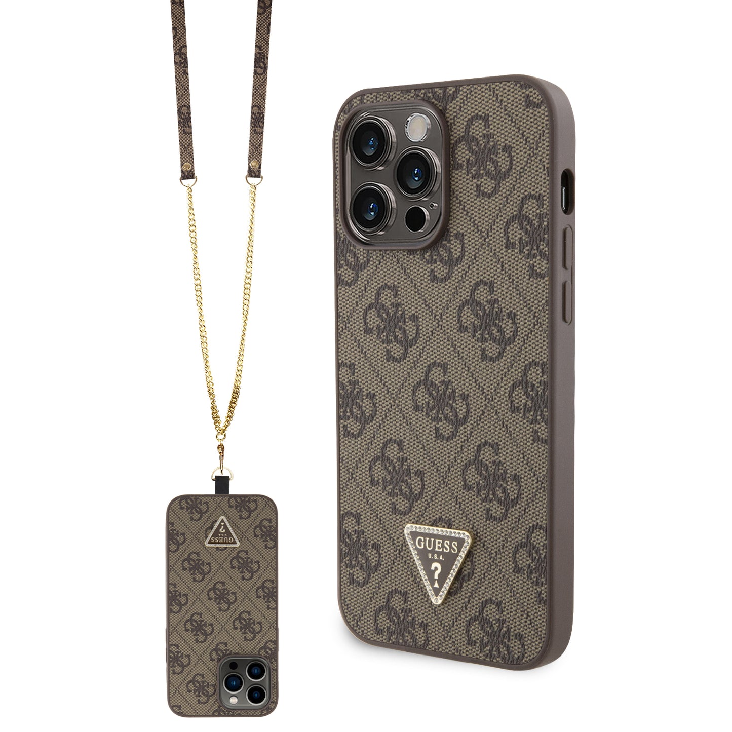 Guess “Triangle Metal Logo Strass Collection” Crossbody Case Θήκη Προστασίας Από Δερματίνη Με Λουράκι – Iphone 14 Pro Max (Καφέ – Guhcp14Xp4Tdscpw) – Θήκη για κινητό από το PhoneBazaar.gr