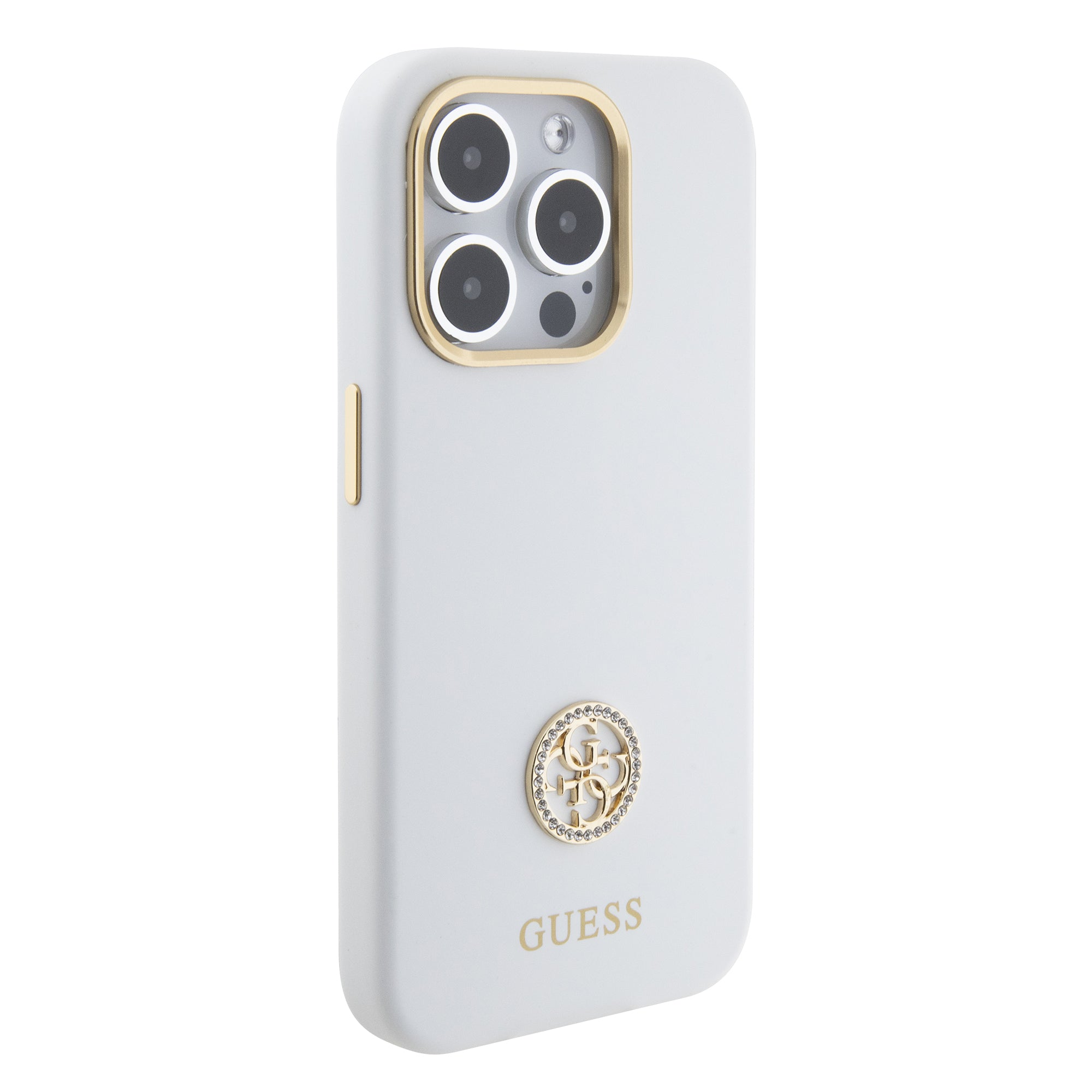 Guess "4G Strass Logo Collection" Case Θήκη προστασίας από σιλικόνη – iPhone 15 Pro (White – GUHCP15LM4DGPH)
