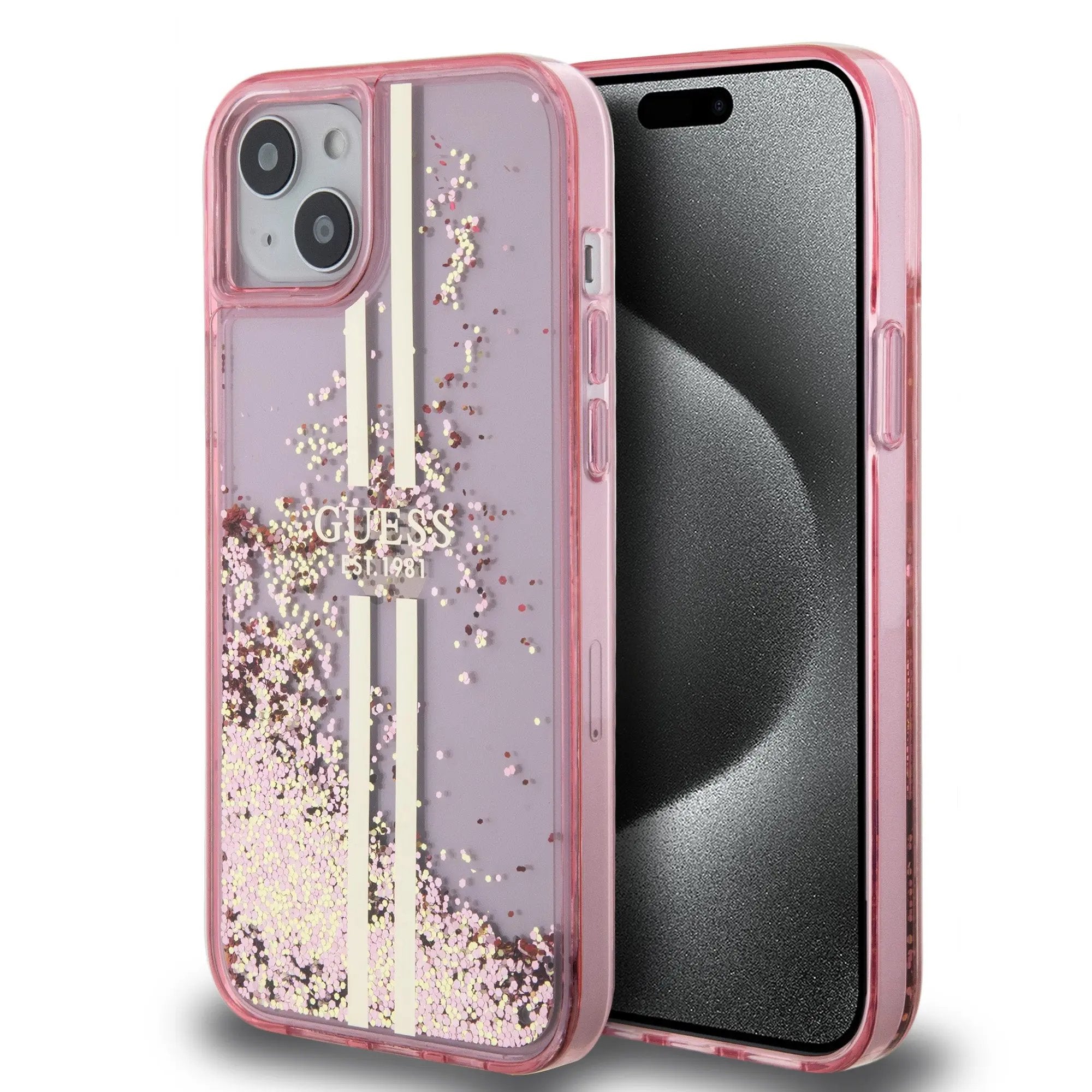 Guess “Liquid Glitter Gold Stripes" Ημιδιάφανη Θήκη προστασίας από σιλικόνη – iPhone 15 Plus (Ροζ – GUHCP15MLFCSEGP) – PhoneBazaar