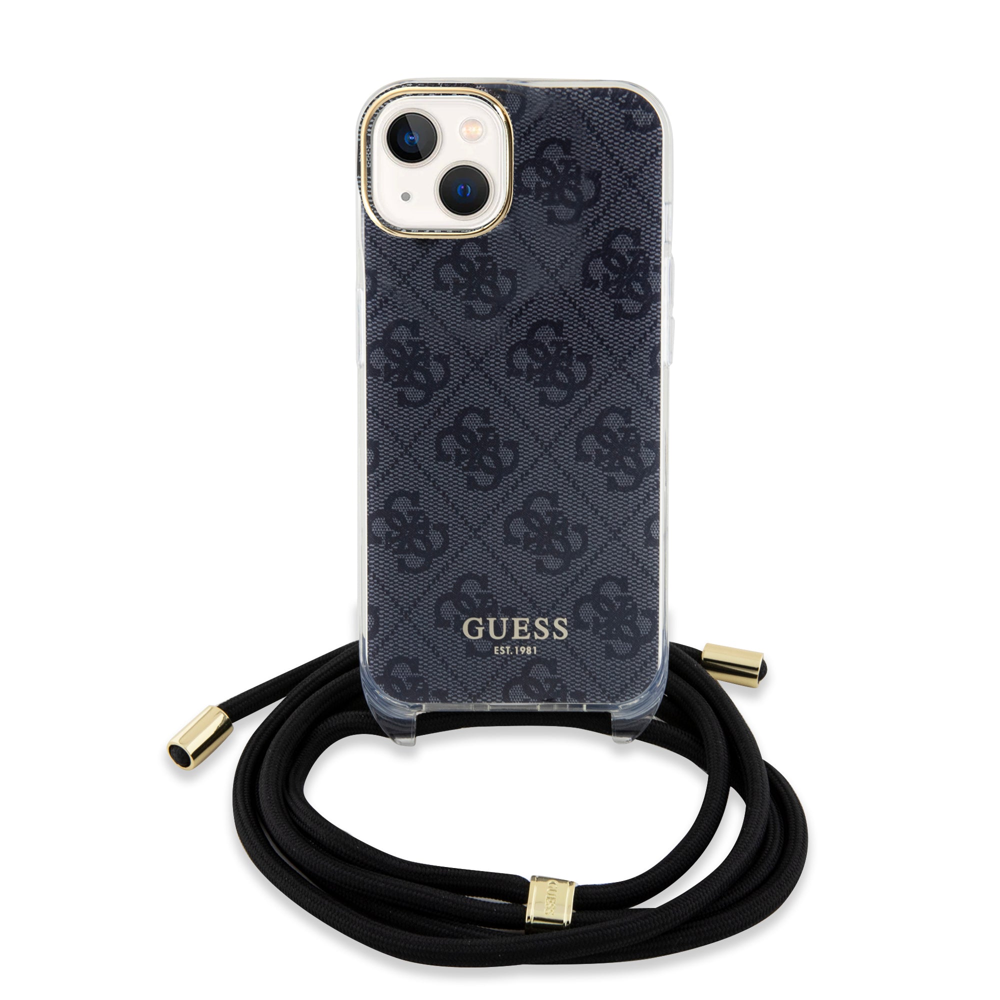 Guess "4G Logo Collection" Crossbody Hard Case Script Metal Logo Θήκη προστασίας από σιλικόνη με λουράκι – iPhone 15 (Μαύρο – GUHCP15SHC4SEK)
