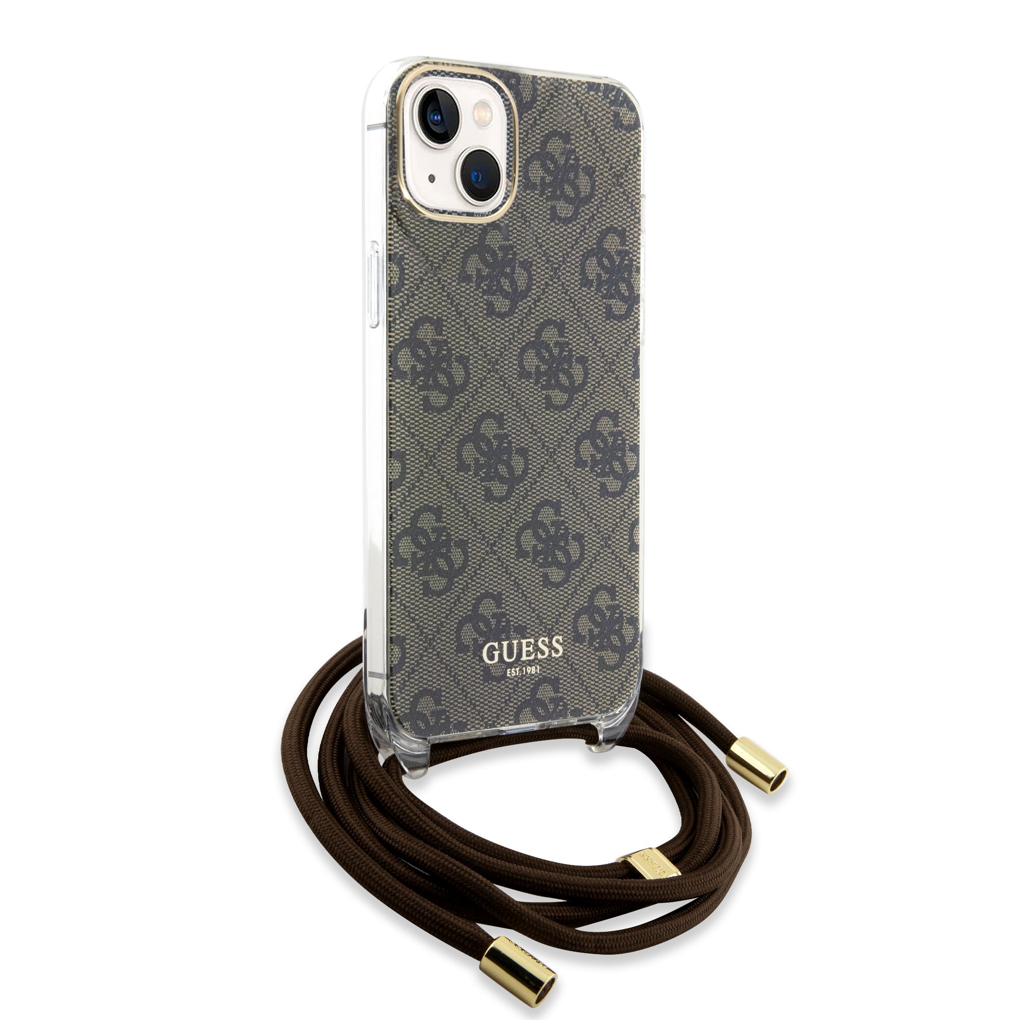 Guess "4G Logo Collection" Crossbody Hard Case Script Metal Logo Θήκη προστασίας από σιλικόνη με λουράκι – iPhone 15 (Καφέ – GUHCP15SHC4SEW)