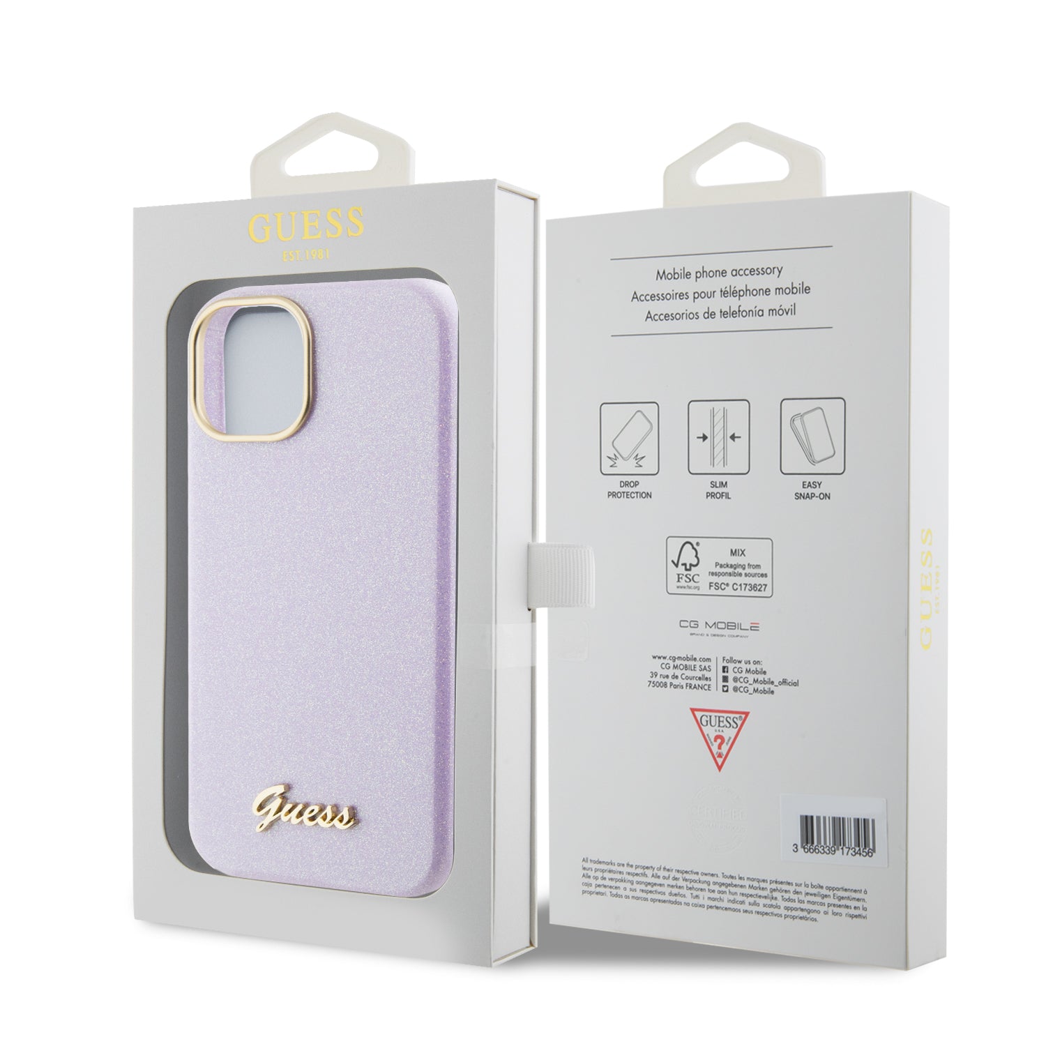 Guess Glitter Full Wrapped Glossy Case with Vintage Script Logo Θήκη προστασίας από σιλικόνη – iPhone 15 (Glitter Lilac – GUHCP15SPGMCSL)
