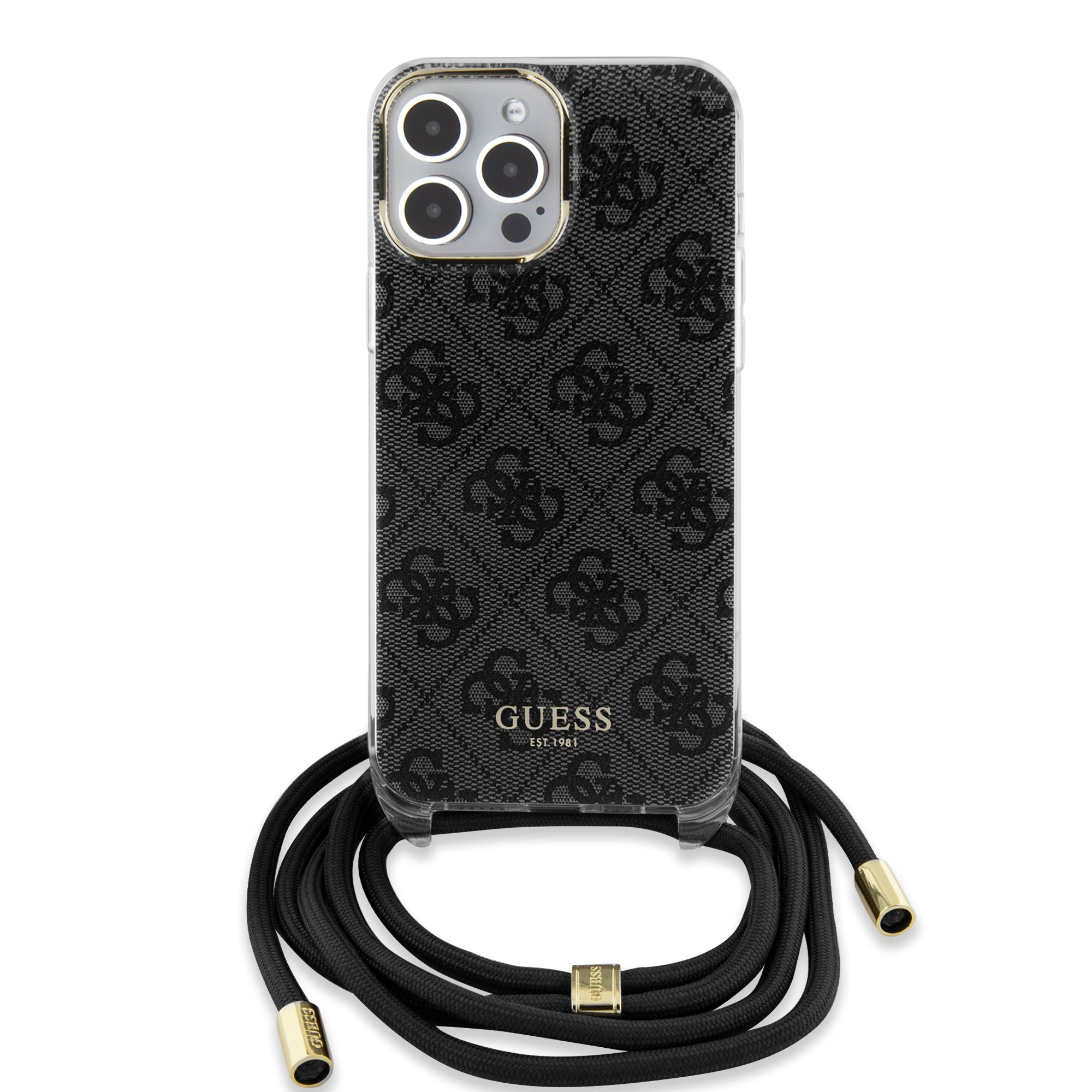 Guess "4G Logo Collection" Crossbody Hard Case Script Metal Logo Θήκη προστασίας από σιλικόνη με λουράκι – iPhone 15 Pro Max (Μαύρο – GUHCP15XHC4SEK)