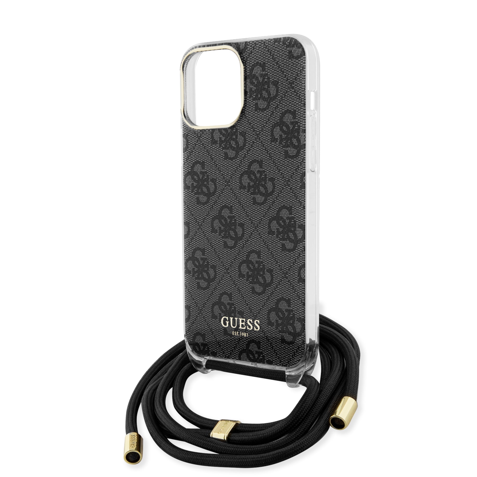Guess "4G Logo Collection" Crossbody Hard Case Script Metal Logo Θήκη προστασίας από σιλικόνη με λουράκι – iPhone 15 Pro Max (Μαύρο – GUHCP15XHC4SEK)