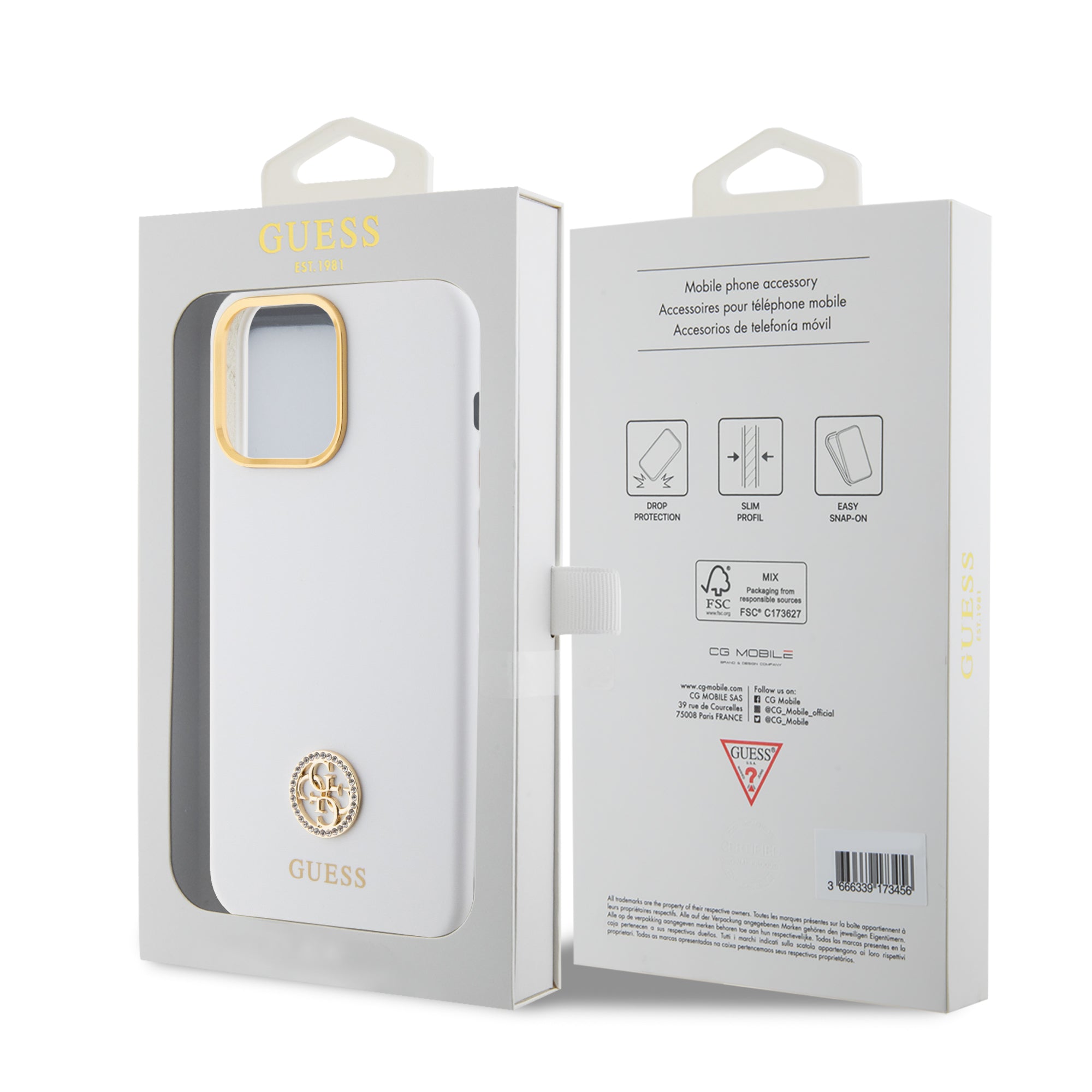 Guess "4G Strass Logo Collection" Case Θήκη προστασίας από σιλικόνη – iPhone 15 Pro Max (White – GUHCP15XM4DGPH)