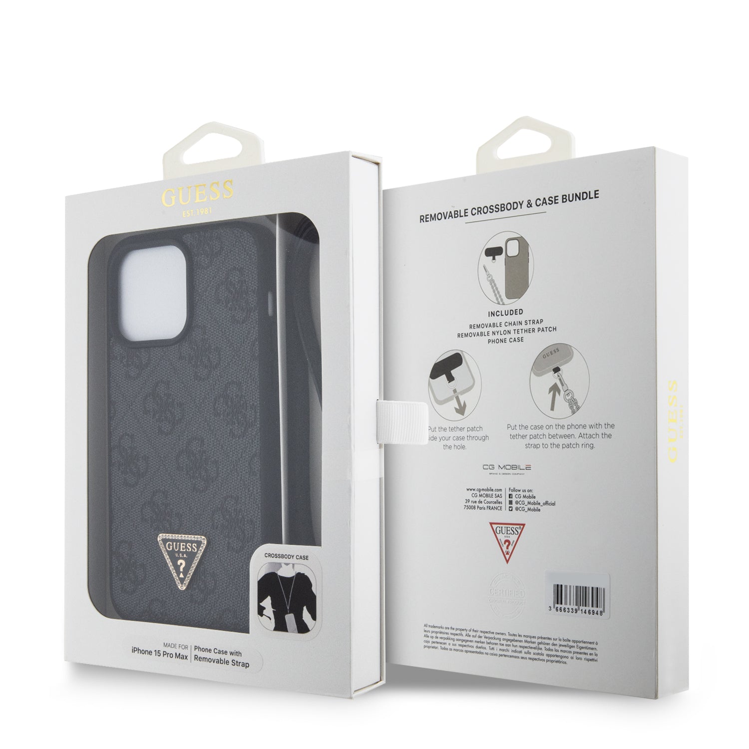 Guess “4G Metal Logo Strass Collection” Crossbody Case Θήκη προστασίας από δερματίνη με λουράκι – iPhone 15 Pro (Μαύρο – GUHCP15LP4TDSCPK)