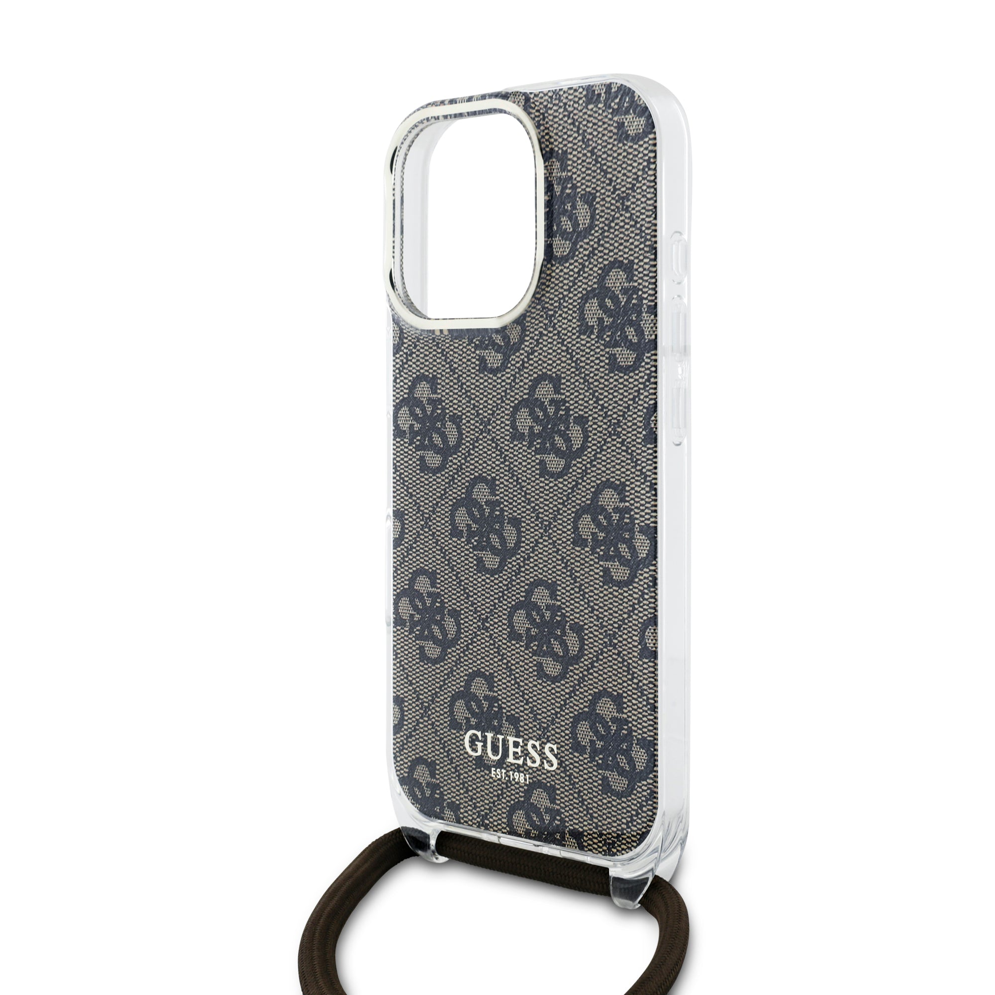 Guess “4G Logo Collection” Crossbody Hard Case Script Metal Logo Θήκη προστασίας από σιλικόνη με λουράκι – iPhone 16 Pro (Καφέ – GUHCP16LHC4SEW)