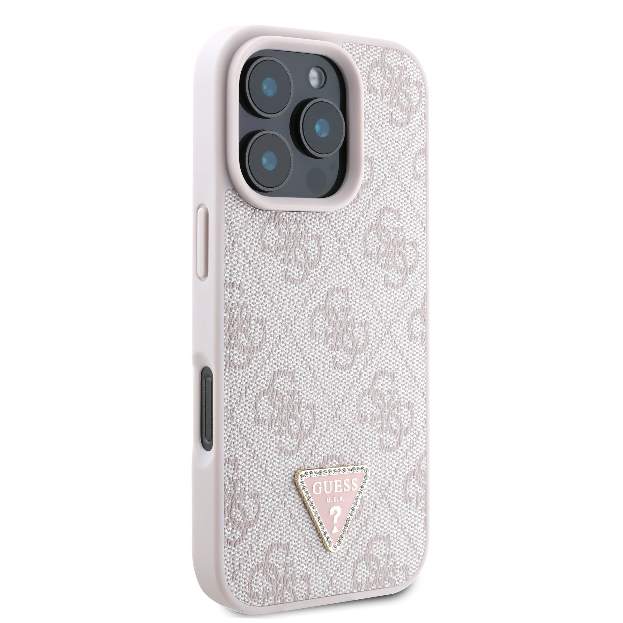 Guess “Triangle Metal Logo Strass Collection” Case Θήκη προστασίας από δερματίνη – iPhone 16 Pro (Ροζ – GUHCP16LP4TDPP)