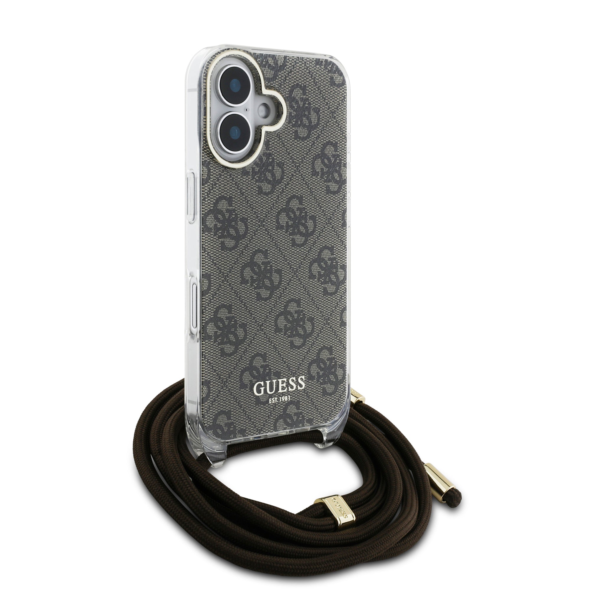 Guess “4G Logo Collection” Crossbody Hard Case Script Metal Logo Θήκη προστασίας από σιλικόνη με λουράκι – iPhone 16 (Καφέ – GUHCP16SHC4SEW)