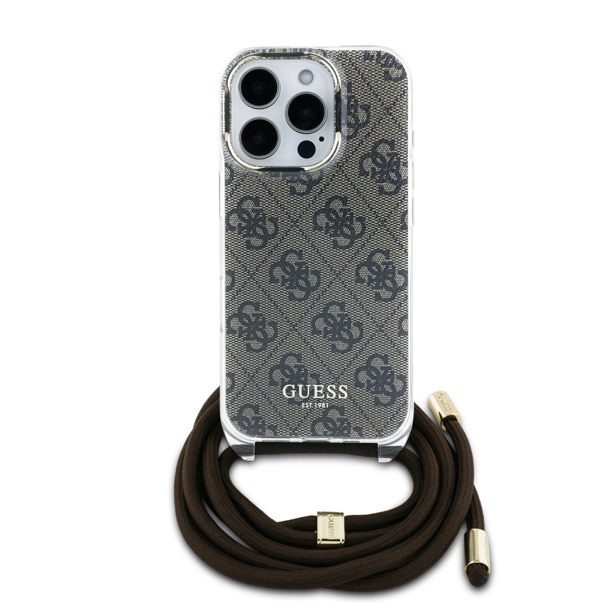 Guess “4G Logo Collection” Crossbody Hard Case Script Metal Logo Θήκη προστασίας από σιλικόνη με λουράκι – iPhone 16 Pro Max (Καφέ – GUHCP16XHC4SEW)