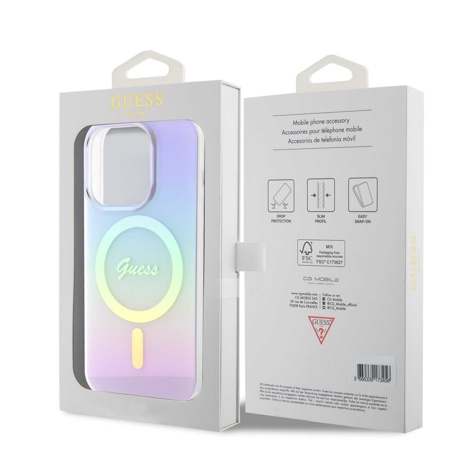 Guess Iridescent Magsafe Case Πολύχρωμη θήκη προστασίας από σκληρό πλαστικό – iPhone 15 Pro (Rainbow Purple – GUHMP15LHITSU)
