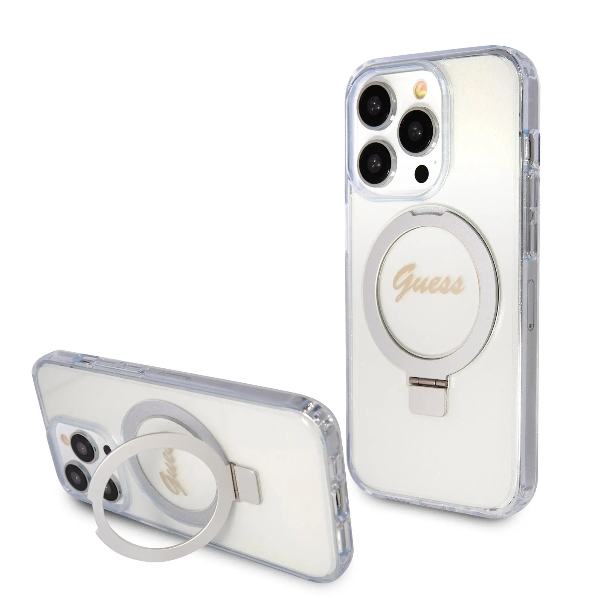 Guess MagSafe Ring Stand Glitter Hard Case Script Logo Θήκη προστασίας από σιλικόνη – iPhone 15 Pro (Διάφανη – GUHMP15LHRSGSD) – PhoneBazaar