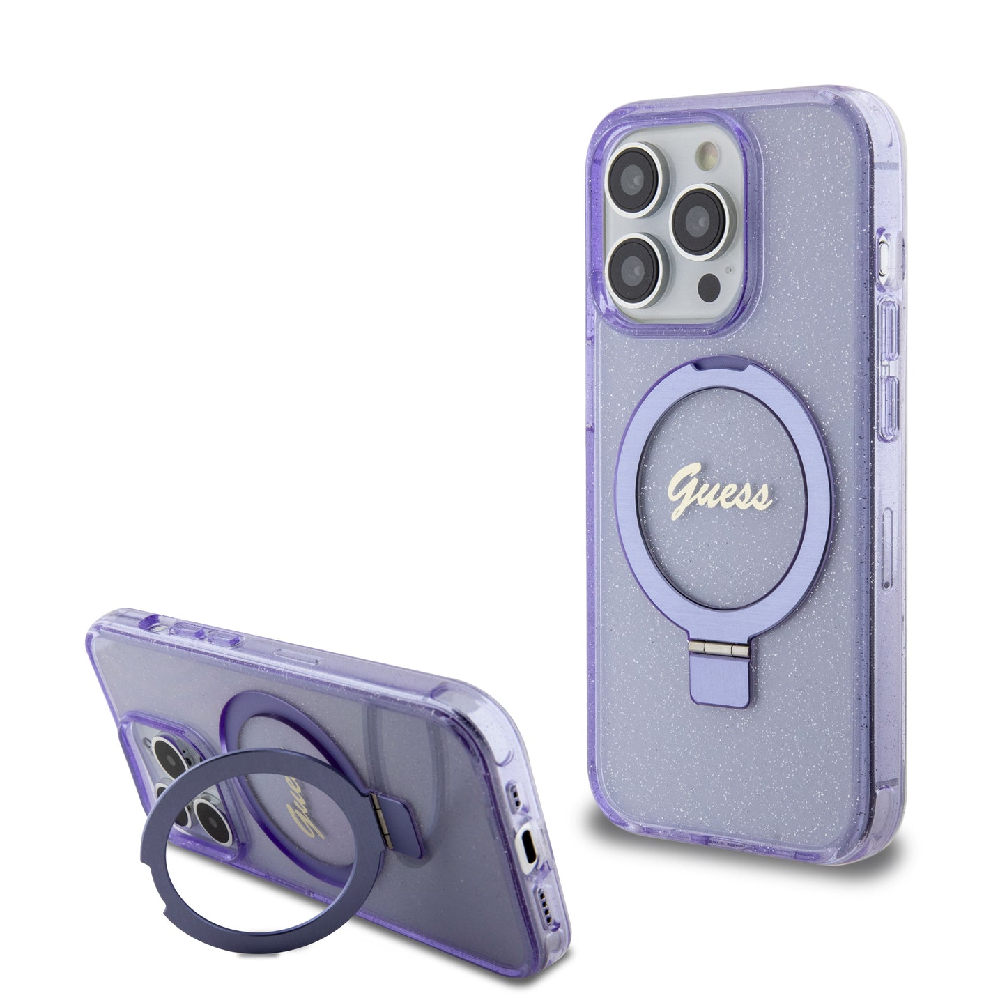 Guess Magsafe Ring Stand Glitter Hard Case Script Logo Θήκη Προστασίας Από Σιλικόνη – Iphone 15 Pro (Διάφανη / Μωβ – Guhmp15Lhrsgsu) – Θήκη για κινητό από το PhoneBazaar.gr