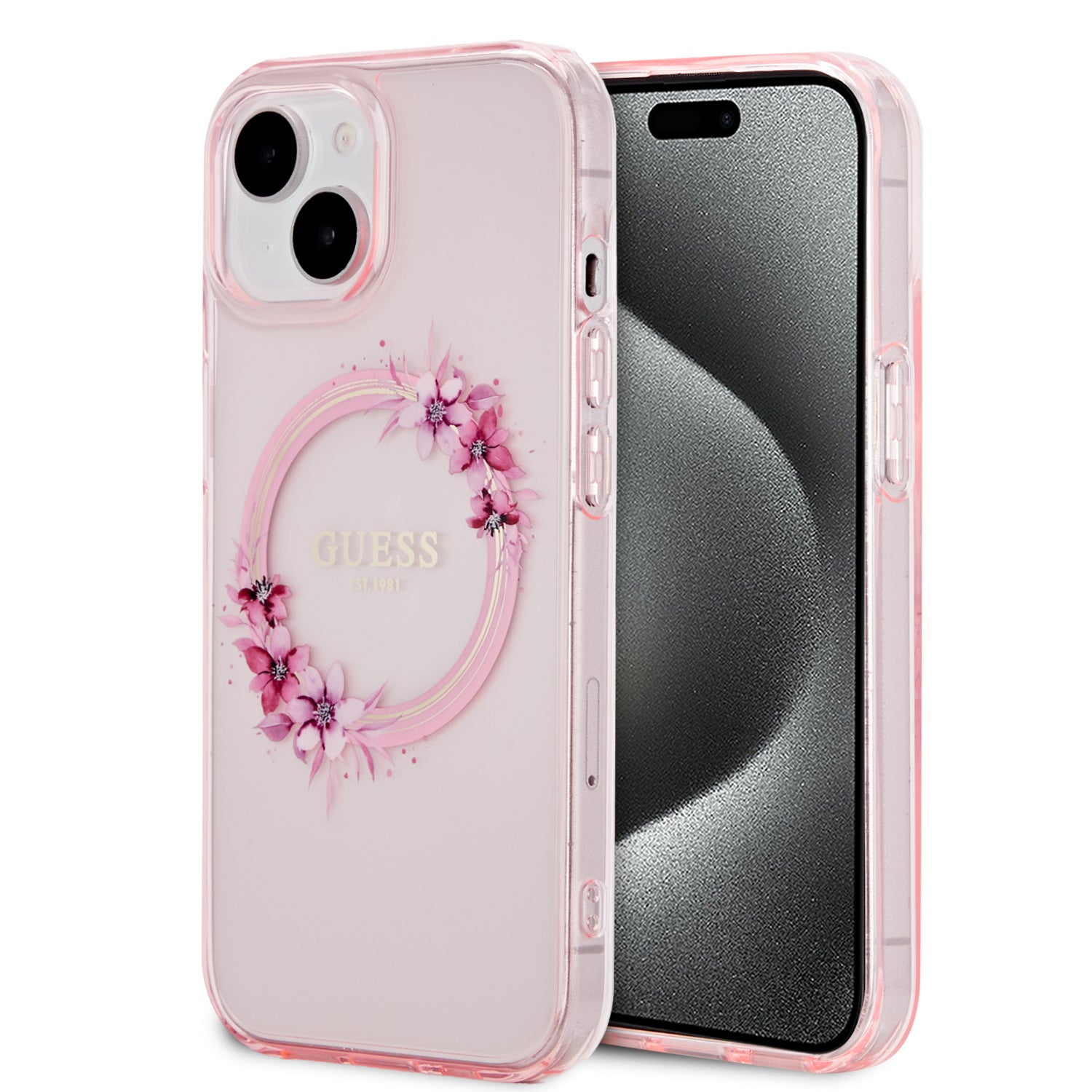 Guess “Flowers Wreath Collection” MagSafe Hard Case Θήκη προστασίας από σκληρό πλαστικό – iPhone 15 (Ροζ – GUHMP15SHFWFCP) – PhoneBazaar
