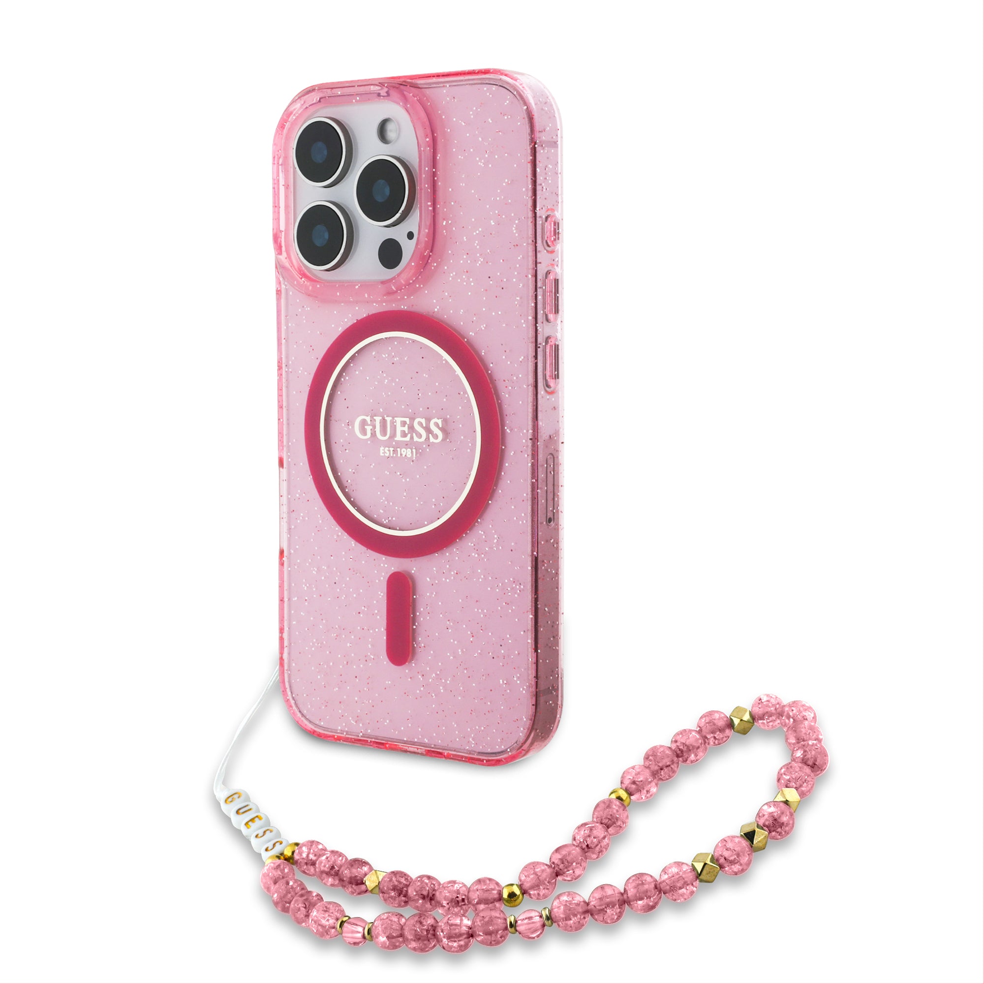 Guess Magsafe “Glitter with Pearl Strap” Hard Case Θήκη προστασίας από σκληρό πλαστικό – iPhone 16 Pro (Ροζ – GUHMP16LHGCRELSF) – PhoneBazaar
