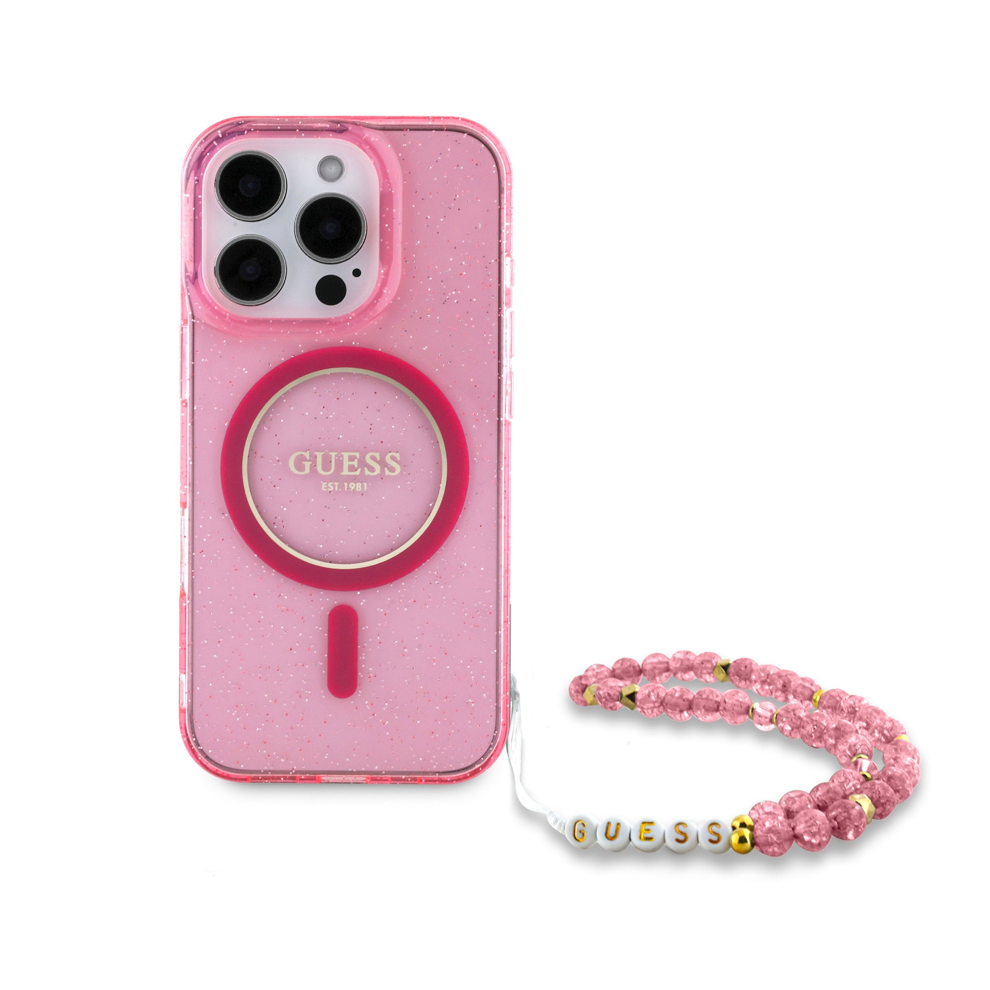 Guess Magsafe “Glitter with Pearl Strap” Hard Case Θήκη προστασίας από σκληρό πλαστικό – iPhone 16 Pro (Ροζ – GUHMP16LHGCRELSF)