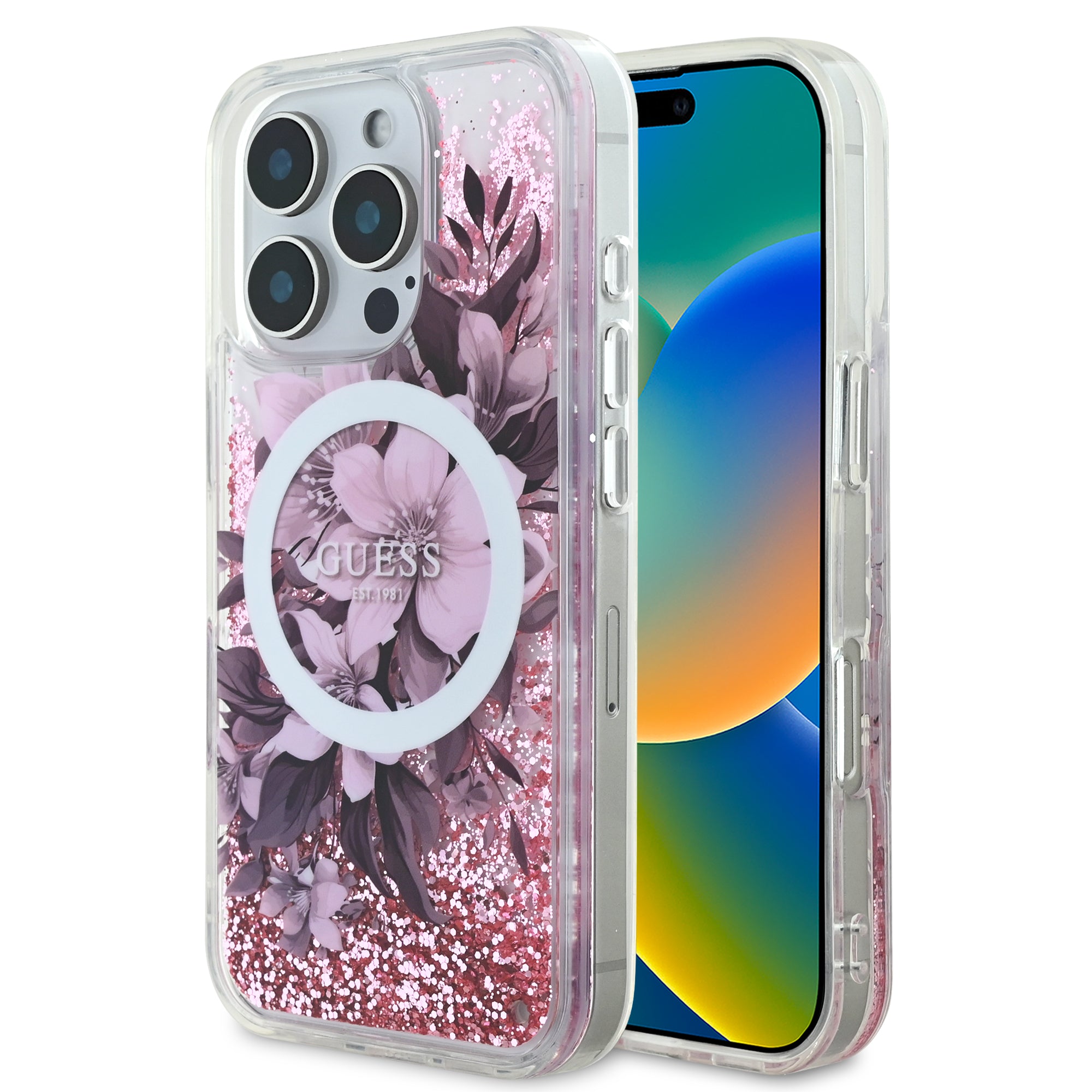 Guess Magsafe “Liquid Glitter Flower" Hard Case Θήκη προστασίας από σκληρό πλαστικό – iPhone 16 Pro (Ροζ – GUHMP16LLFMWTP) – PhoneBazaar