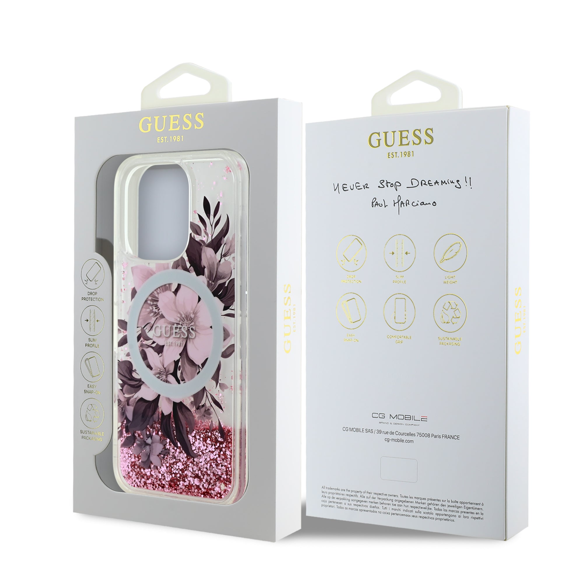 Guess Magsafe “Liquid Glitter Flower" Hard Case Θήκη προστασίας από σκληρό πλαστικό – iPhone 16 Pro (Ροζ – GUHMP16LLFMWTP)