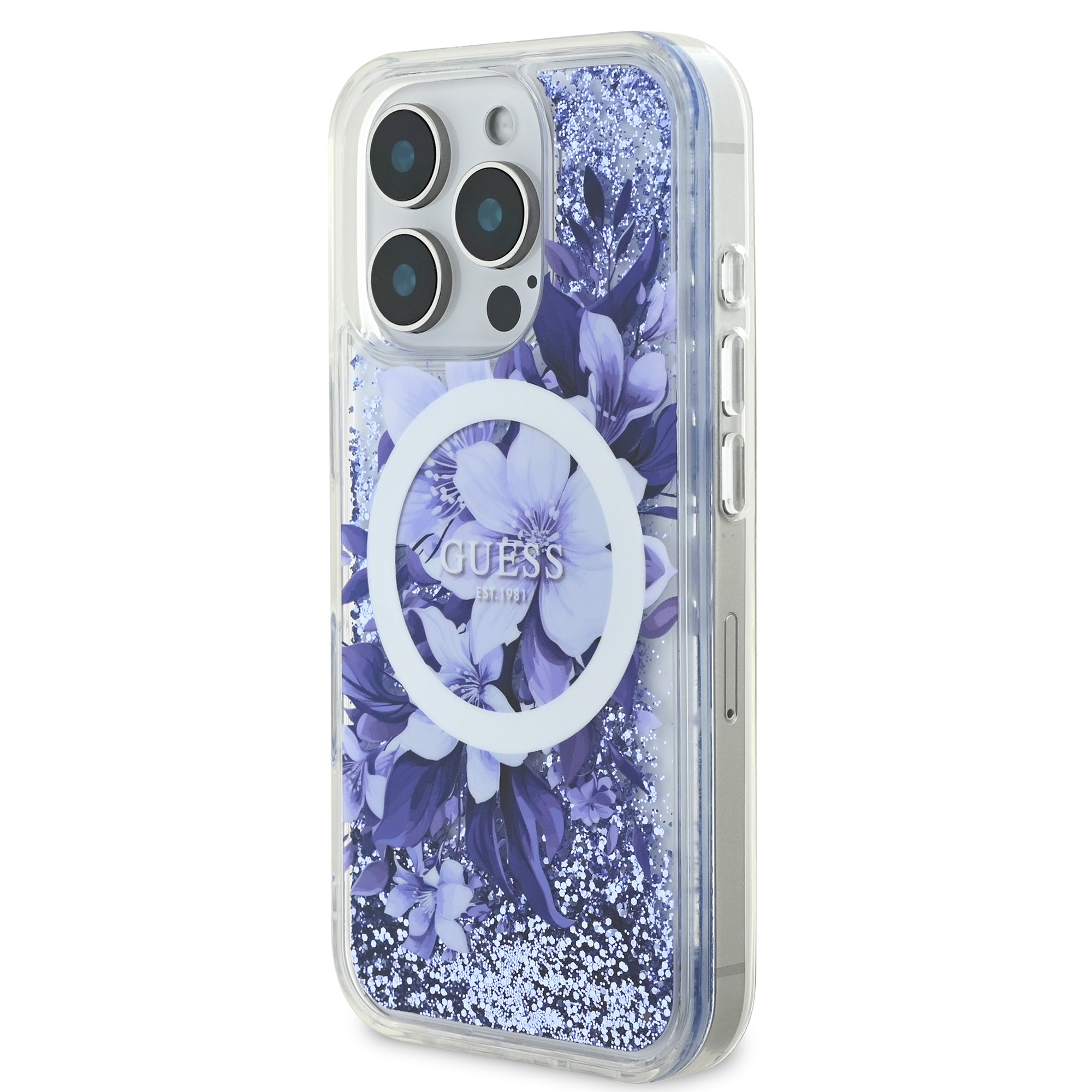 Guess Magsafe “Liquid Glitter Flower" Hard Case Θήκη προστασίας από σκληρό πλαστικό – iPhone 16 Pro (Μωβ – GUHMP16LLFMWTU)