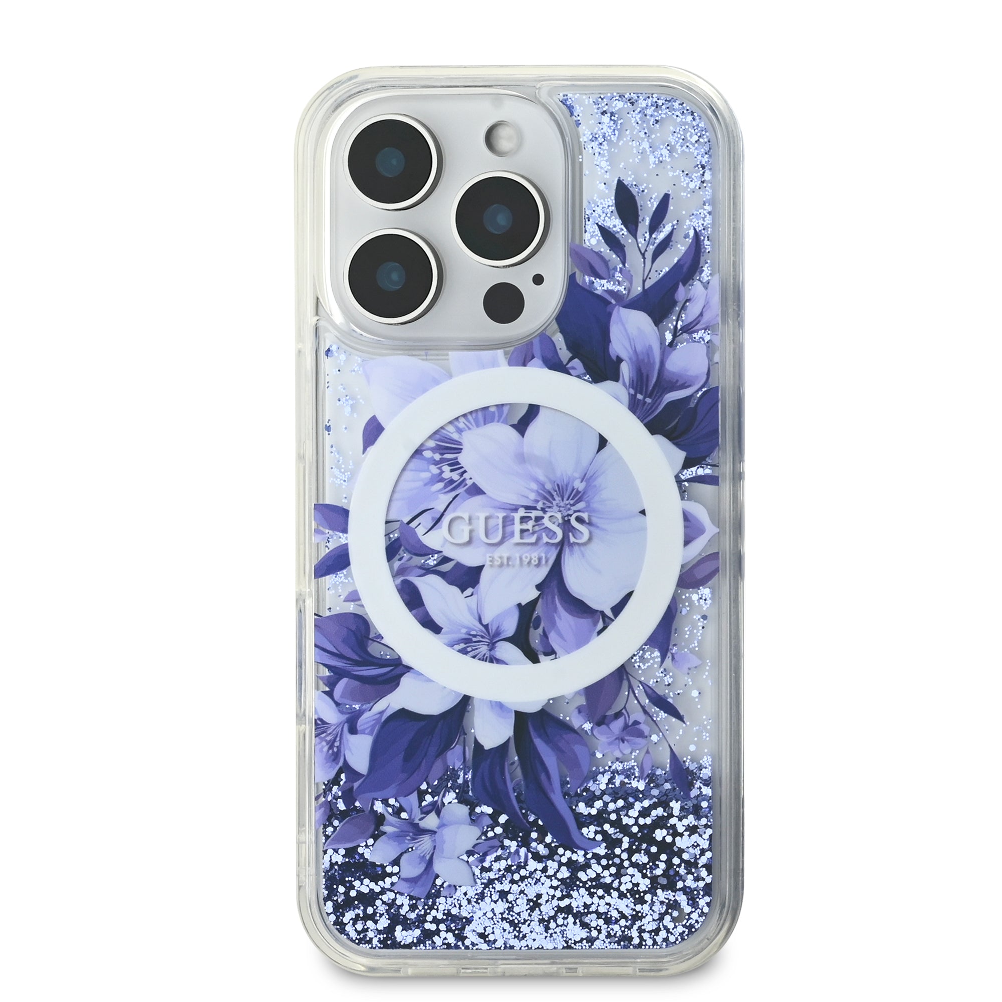 Guess Magsafe “Liquid Glitter Flower" Hard Case Θήκη προστασίας από σκληρό πλαστικό – iPhone 16 Pro (Μωβ – GUHMP16LLFMWTU)