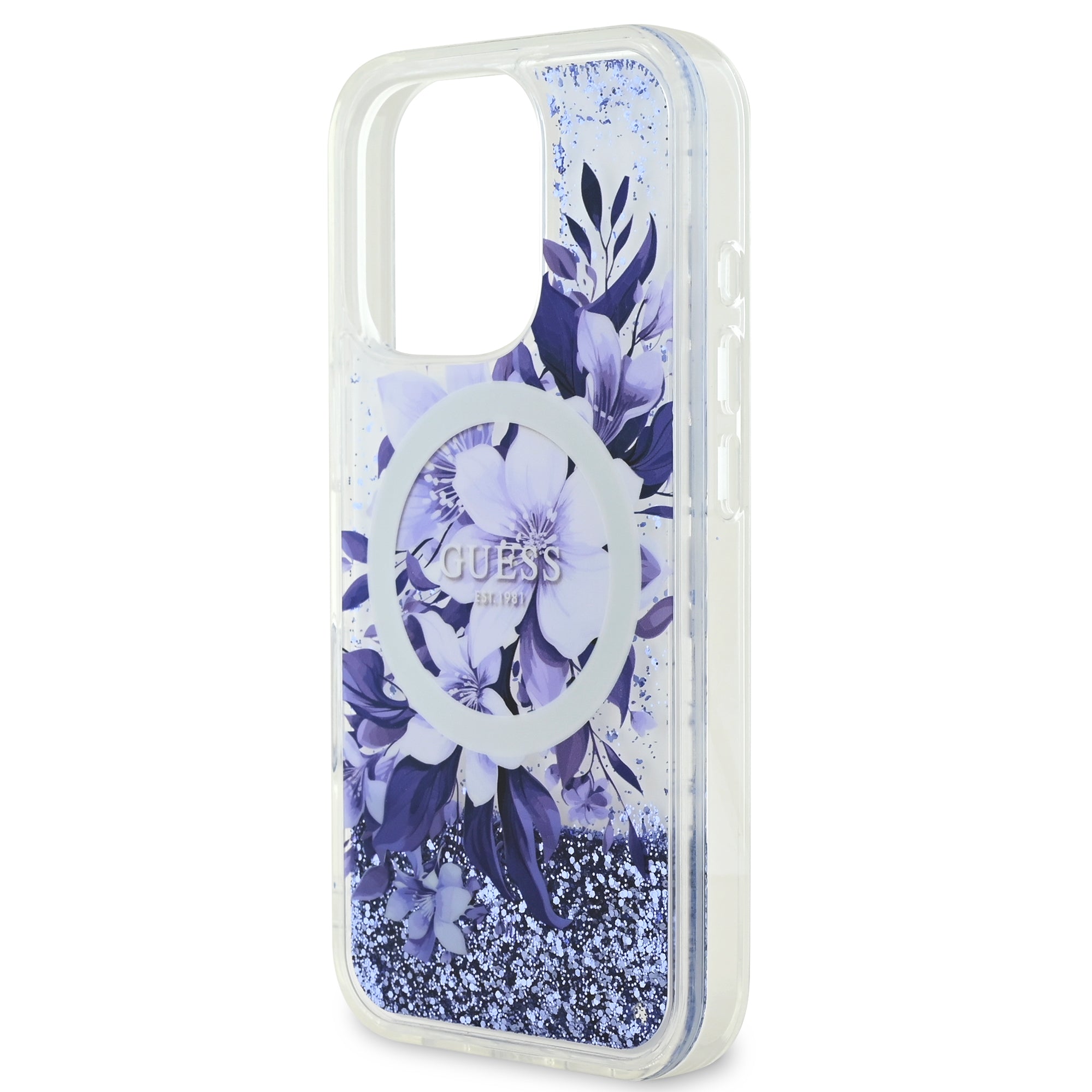 Guess Magsafe “Liquid Glitter Flower" Hard Case Θήκη προστασίας από σκληρό πλαστικό – iPhone 16 Pro (Μωβ – GUHMP16LLFMWTU)