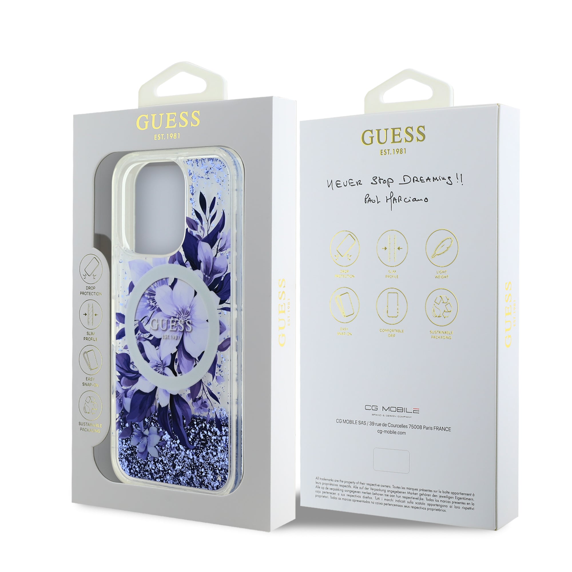 Guess Magsafe “Liquid Glitter Flower" Hard Case Θήκη προστασίας από σκληρό πλαστικό – iPhone 16 Pro (Μωβ – GUHMP16LLFMWTU)