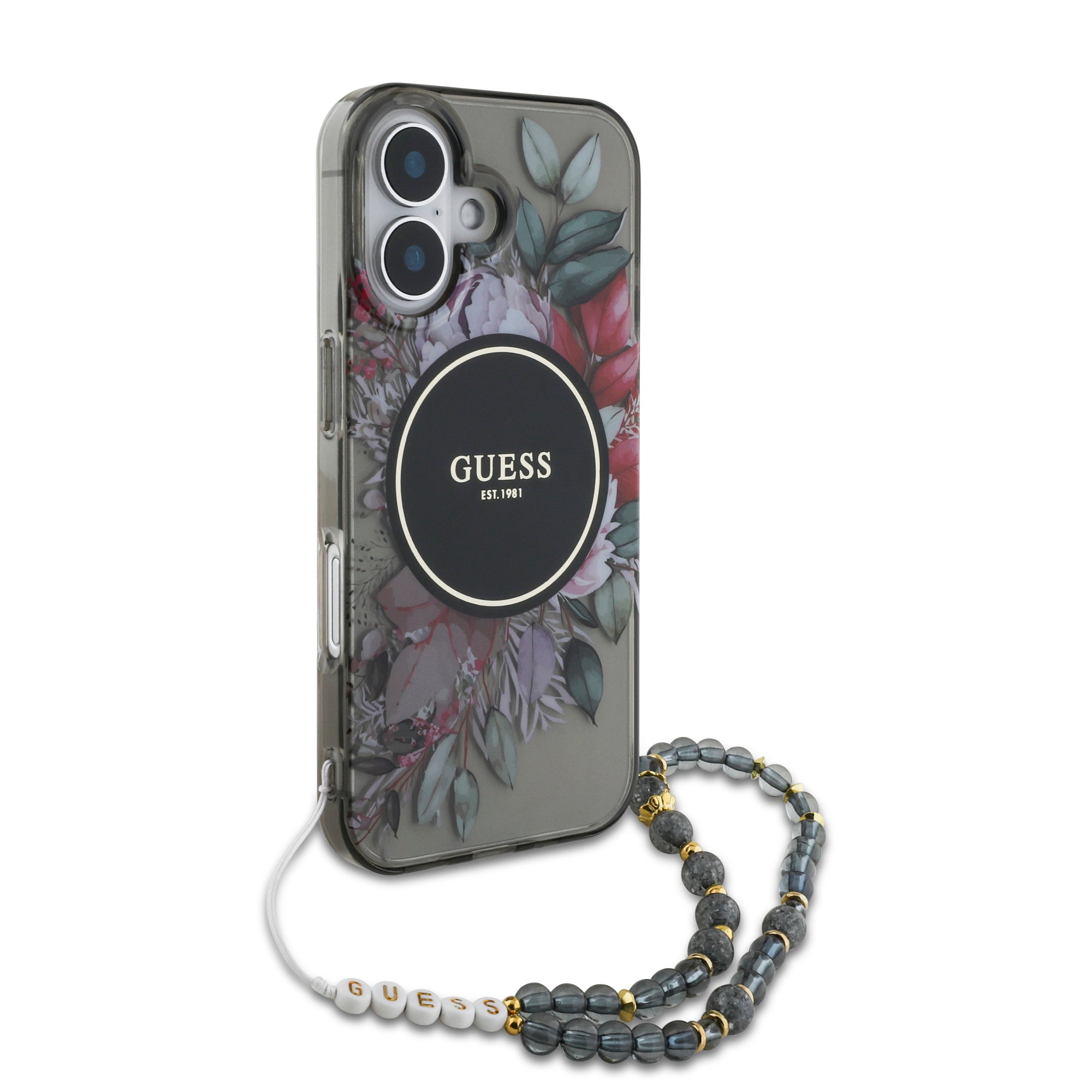 Guess Magsafe “Flowers with Pearl Strap” Hard Case Θήκη προστασίας από σκληρό πλαστικό – iPhone 16 (Μαύρο – GUHMP16SHFWBRCESK)