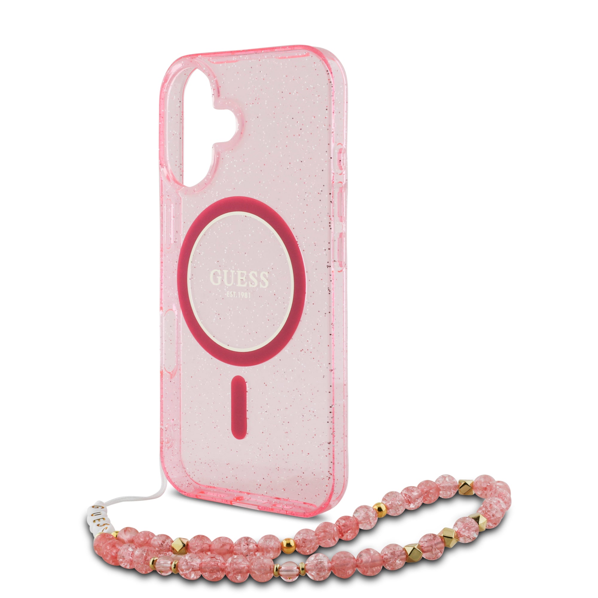 Guess Magsafe “Glitter with Pearl Strap” Hard Case Θήκη προστασίας από σκληρό πλαστικό – iPhone 16 (Ροζ – GUHMP16SHGCRELSF)