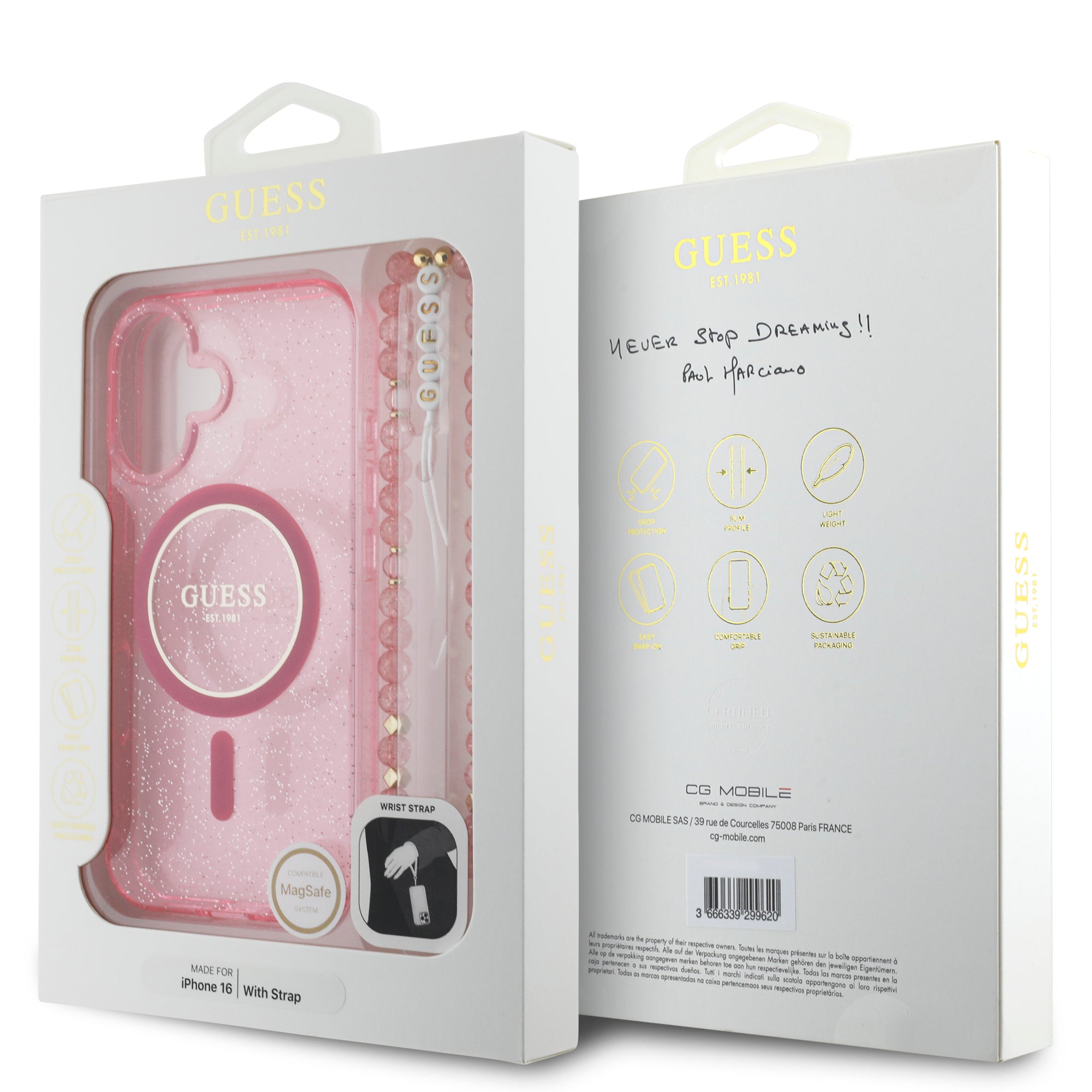 Guess Magsafe “Glitter with Pearl Strap” Hard Case Θήκη προστασίας από σκληρό πλαστικό – iPhone 16 (Ροζ – GUHMP16SHGCRELSF)