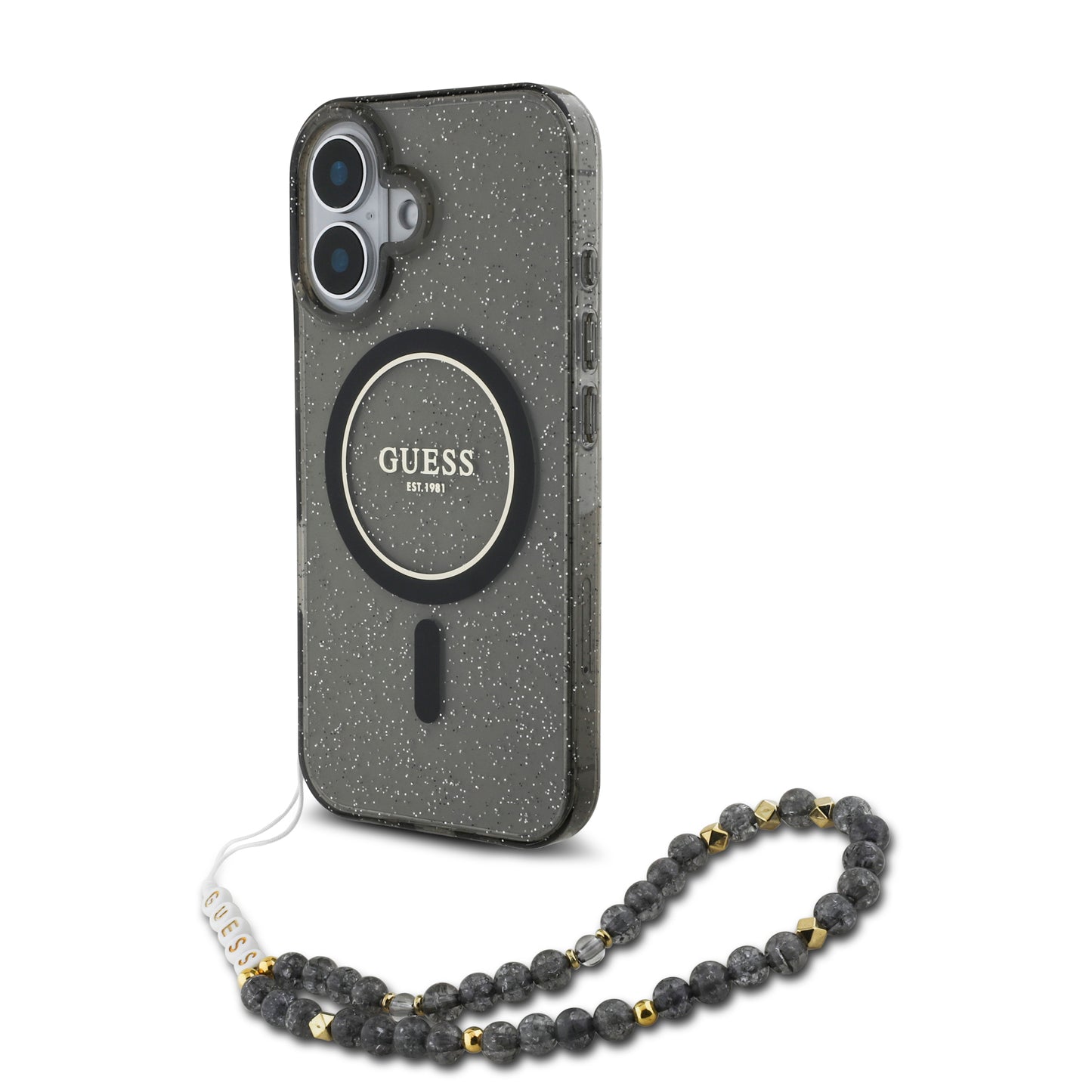 Guess Magsafe “Glitter With Pearl Strap” Hard Case Θήκη Προστασίας Από Σκληρό Πλαστικό – Iphone 16 (Μαύρο – Guhmp16Shgcrelsk) – Θήκη για κινητό από το PhoneBazaar.gr